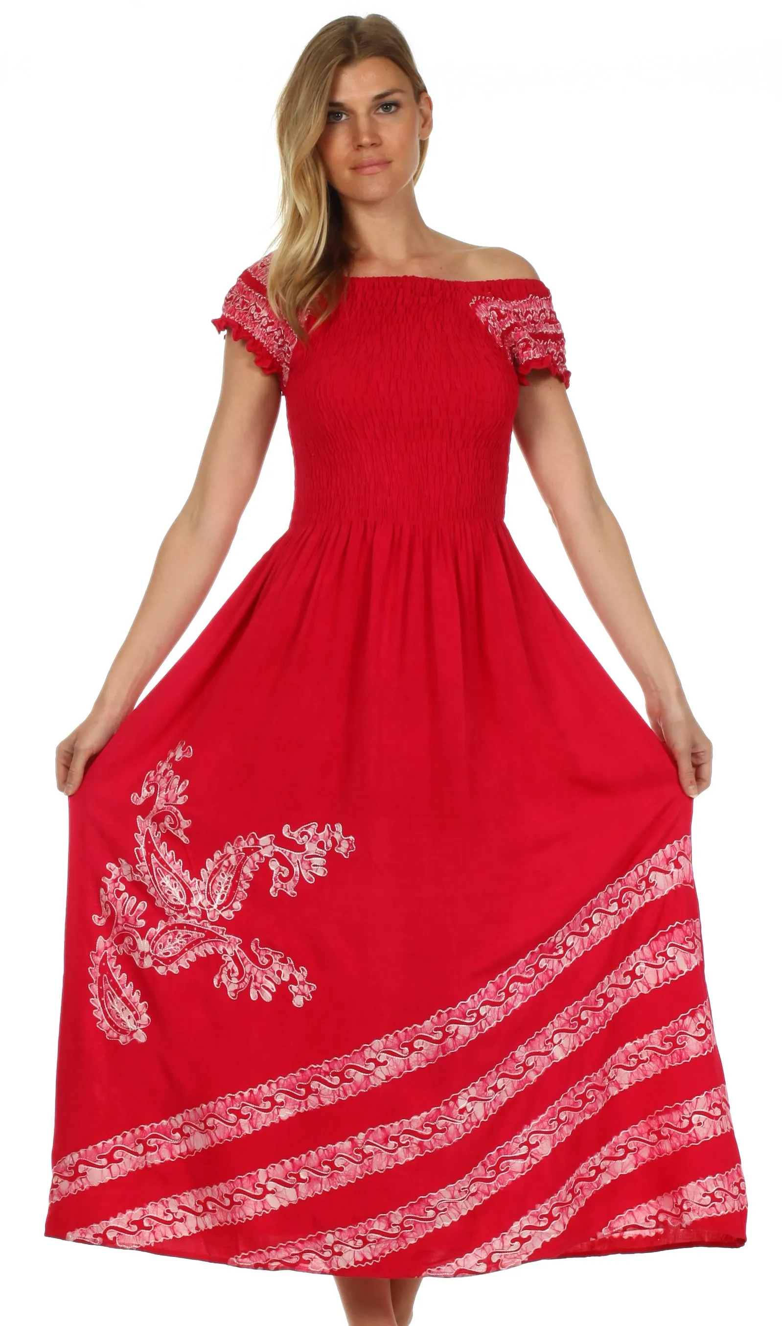 Sakkas Embroidered Batik Smocked Bodice Long Maxi Dress