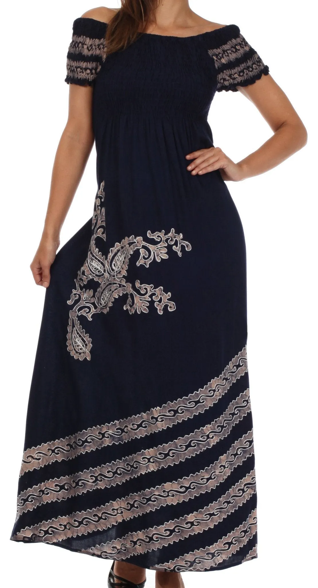 Sakkas Embroidered Batik Smocked Bodice Long Maxi Dress