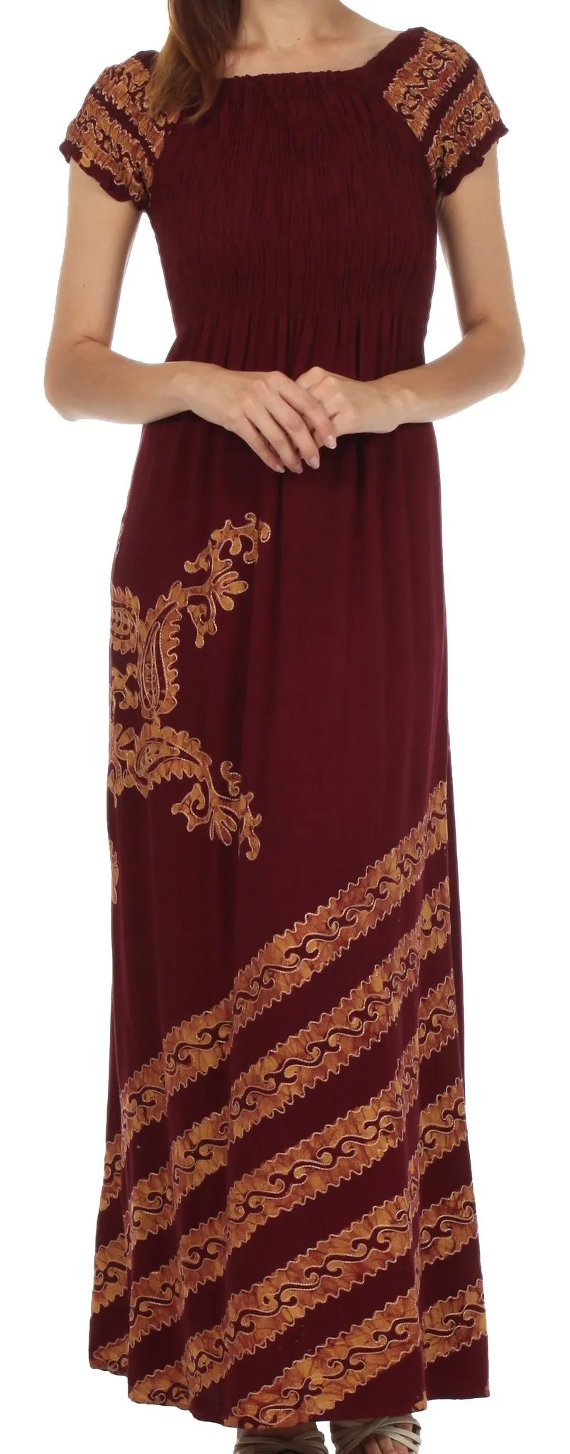 Sakkas Embroidered Batik Smocked Bodice Long Maxi Dress