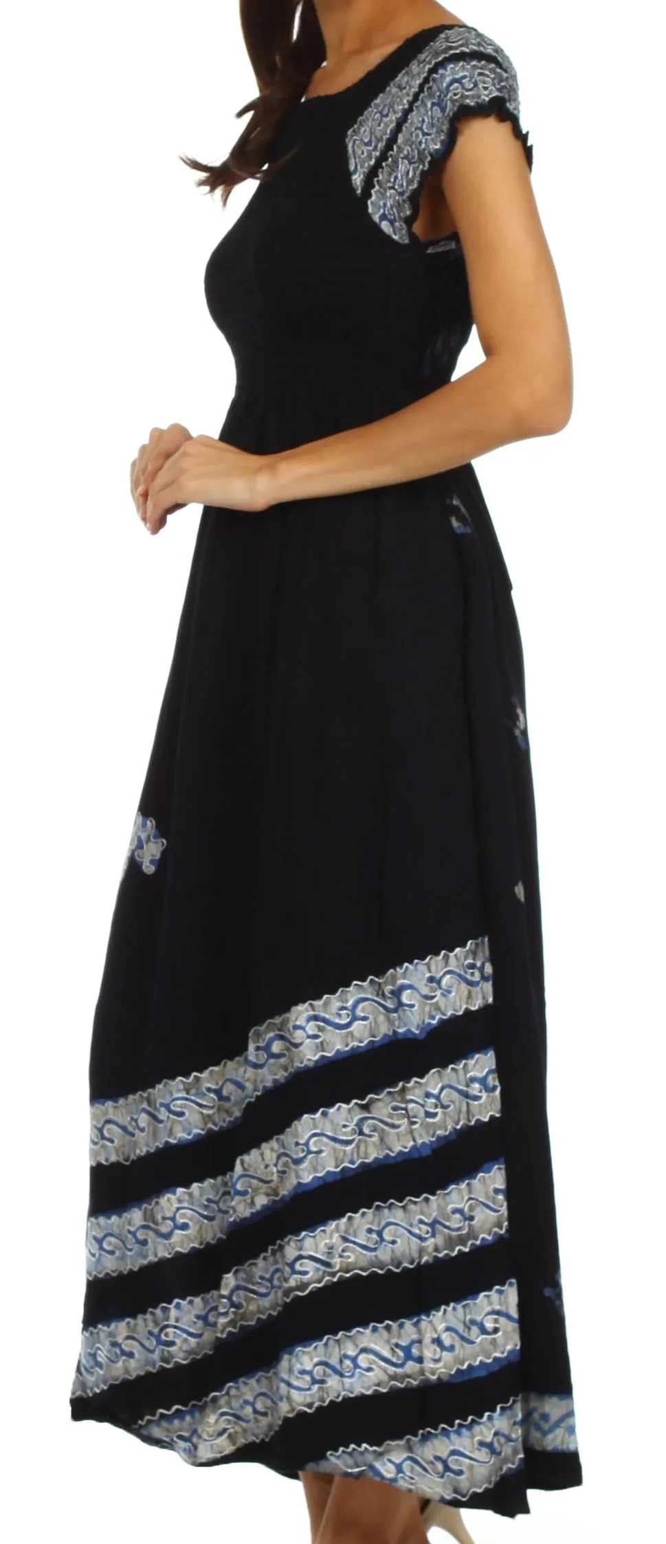 Sakkas Embroidered Batik Smocked Bodice Long Maxi Dress