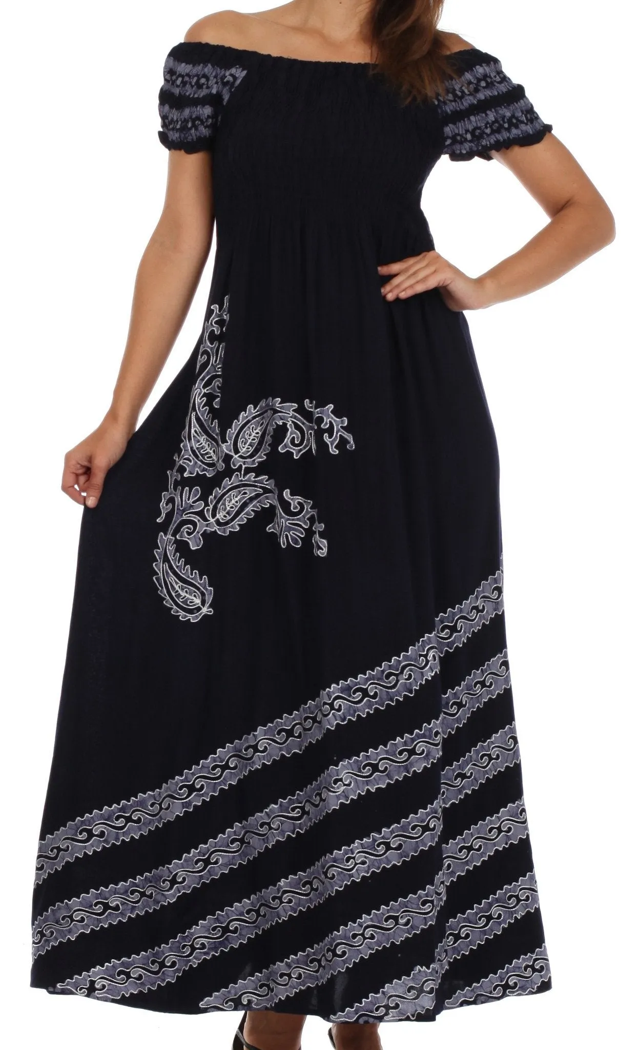 Sakkas Embroidered Batik Smocked Bodice Long Maxi Dress