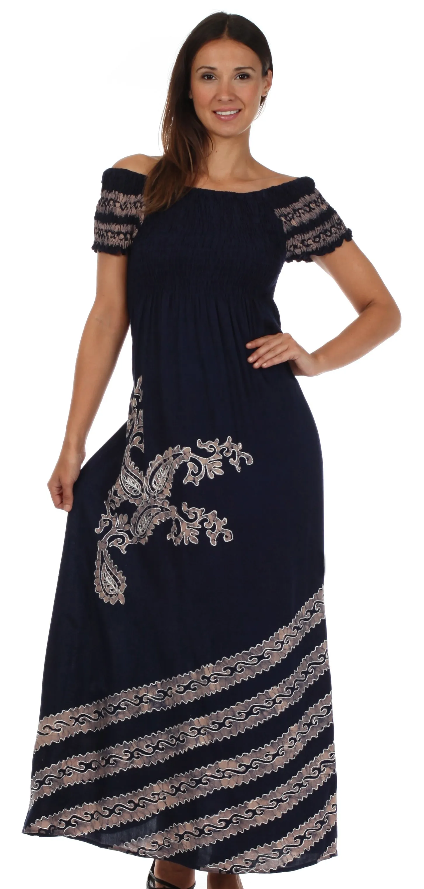 Sakkas Embroidered Batik Smocked Bodice Long Maxi Dress