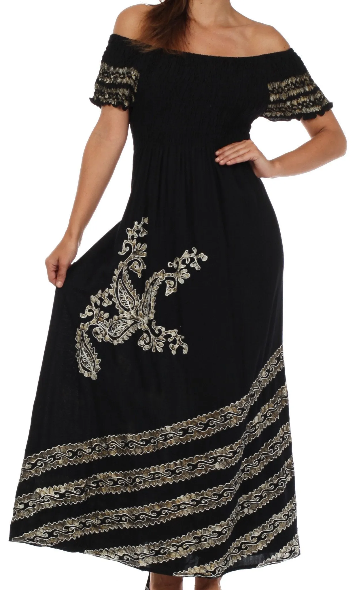 Sakkas Embroidered Batik Smocked Bodice Long Maxi Dress