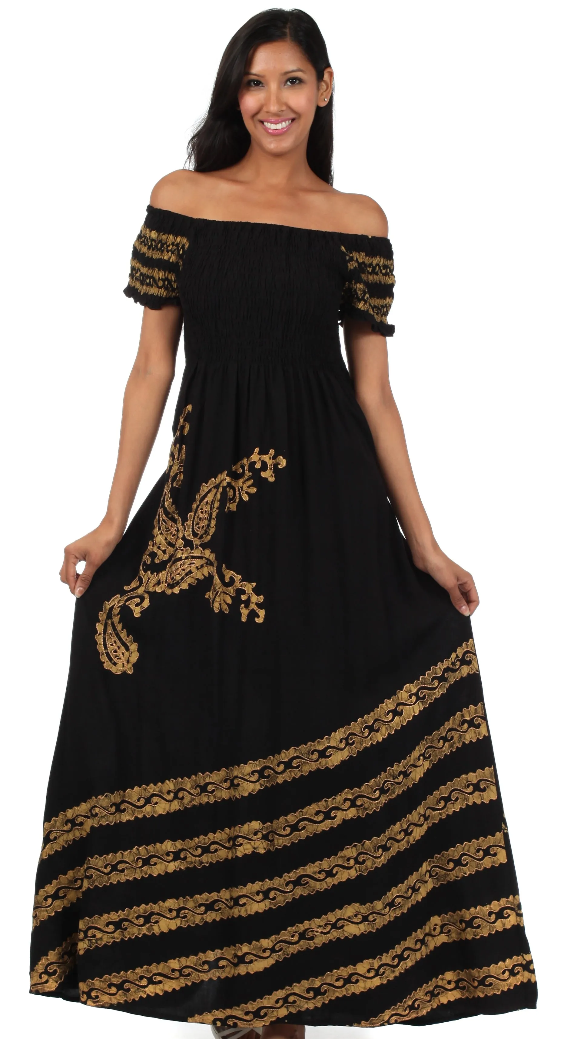 Sakkas Embroidered Batik Smocked Bodice Long Maxi Dress