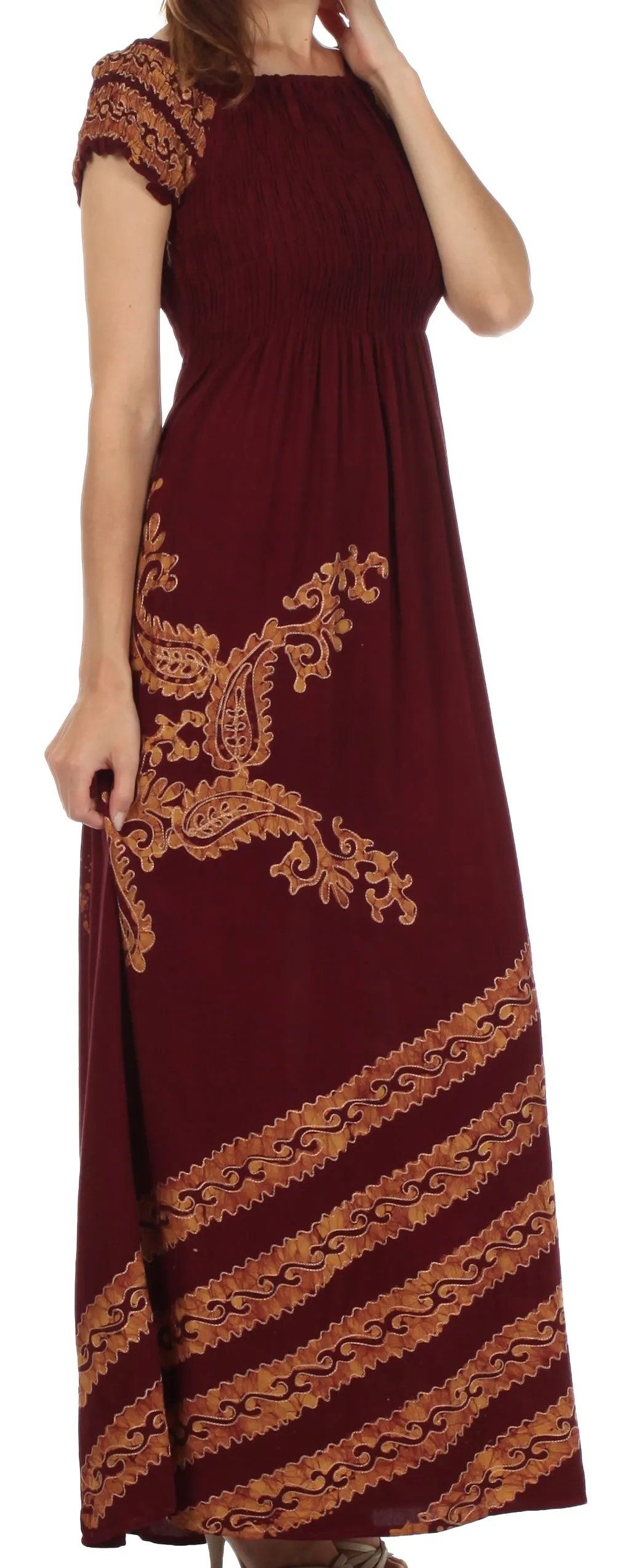 Sakkas Embroidered Batik Smocked Bodice Long Maxi Dress