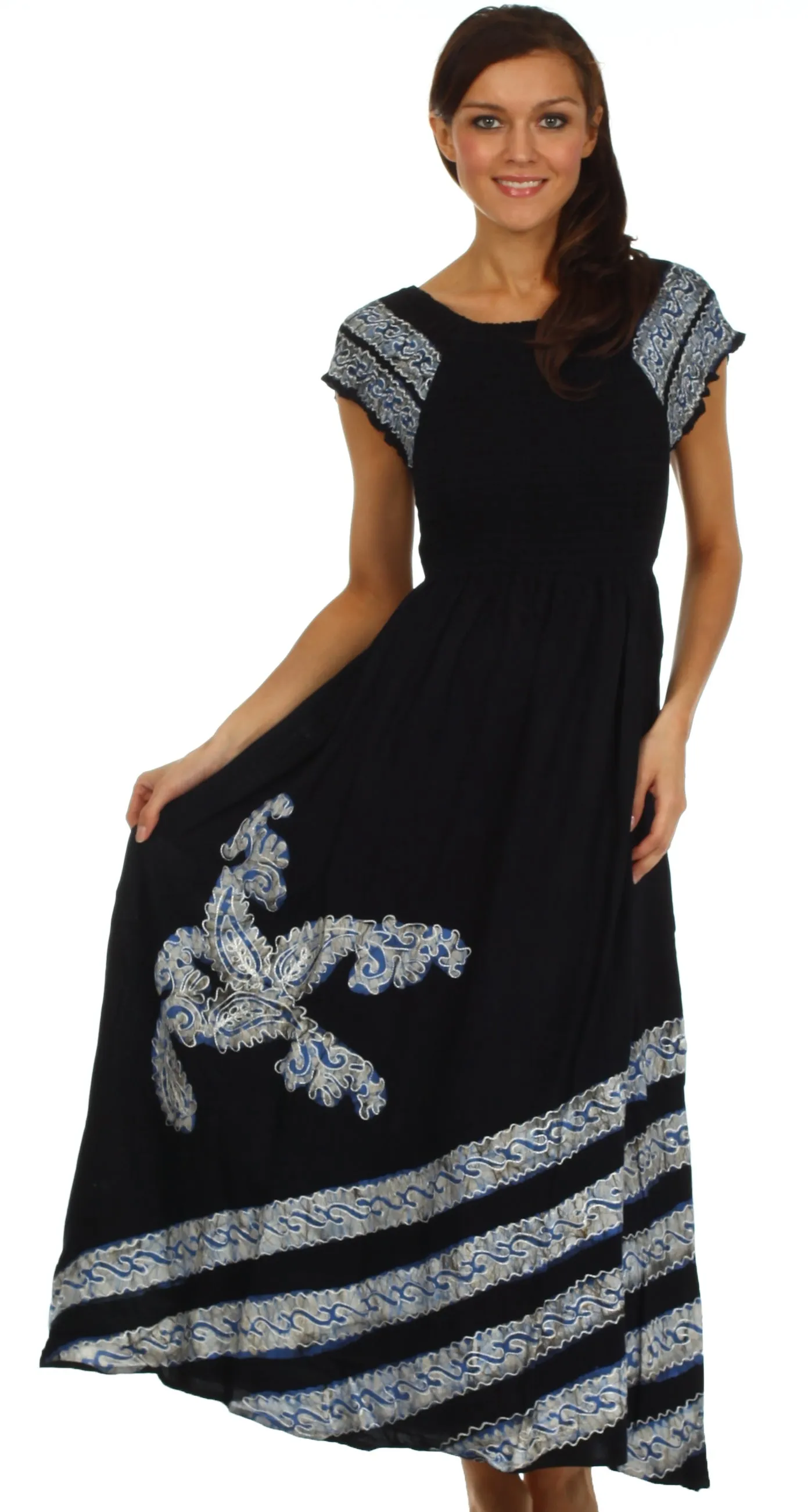 Sakkas Embroidered Batik Smocked Bodice Long Maxi Dress