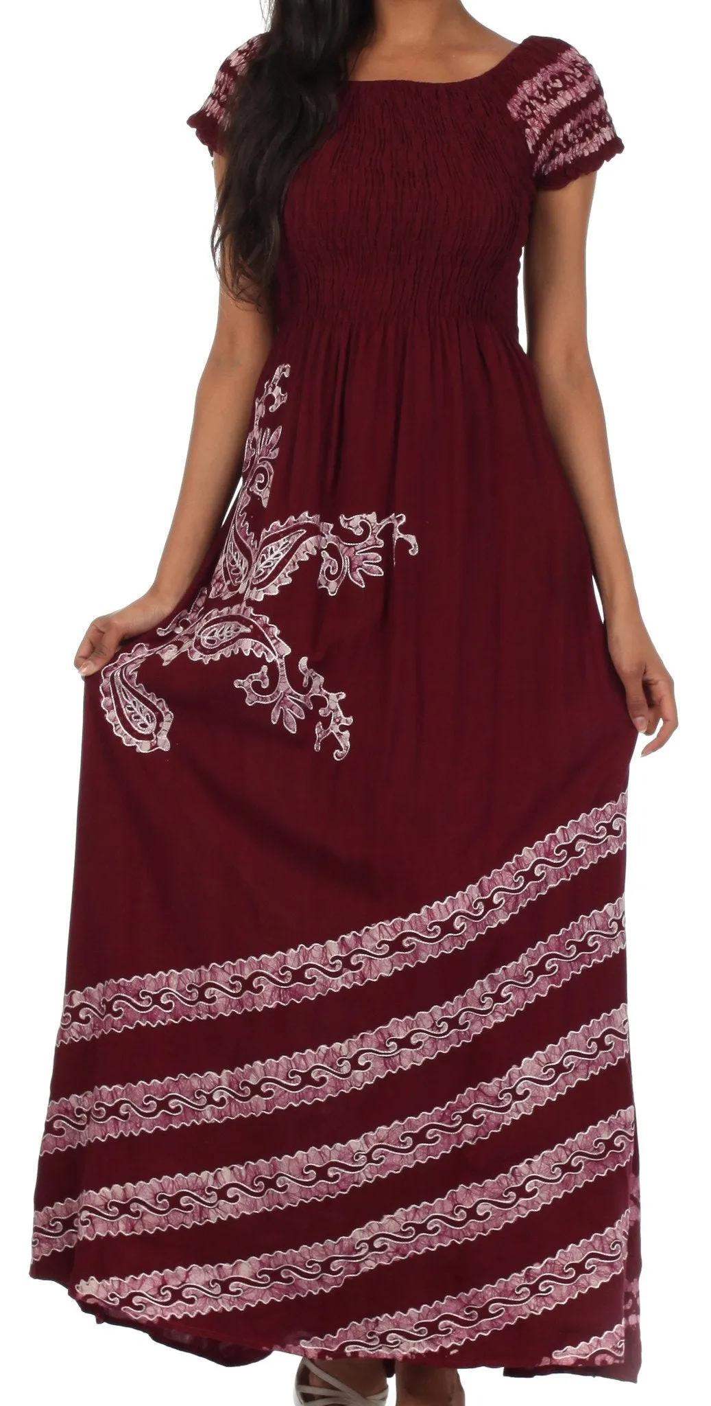 Sakkas Embroidered Batik Smocked Bodice Long Maxi Dress