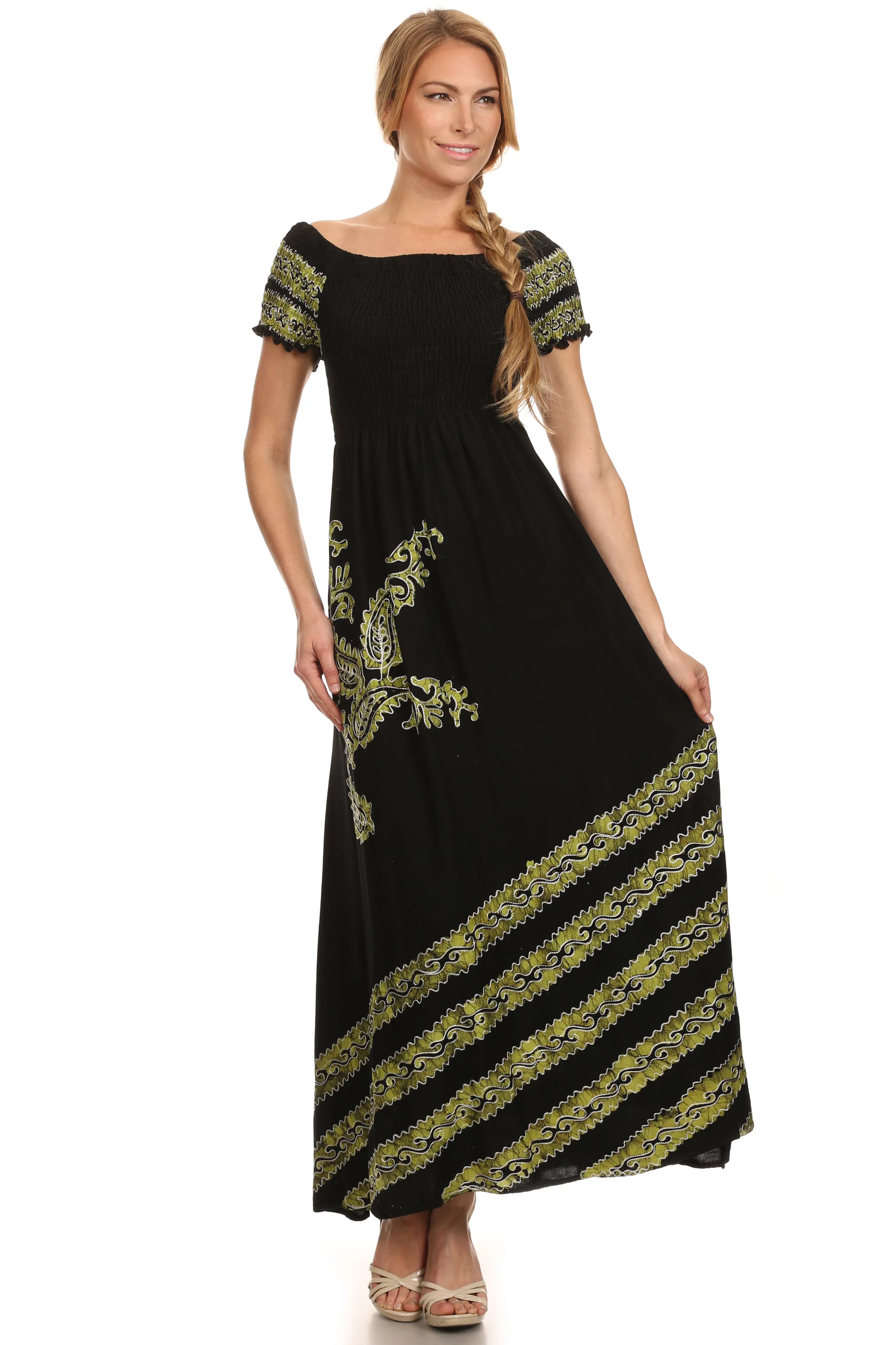 Sakkas Embroidered Batik Smocked Bodice Long Maxi Dress