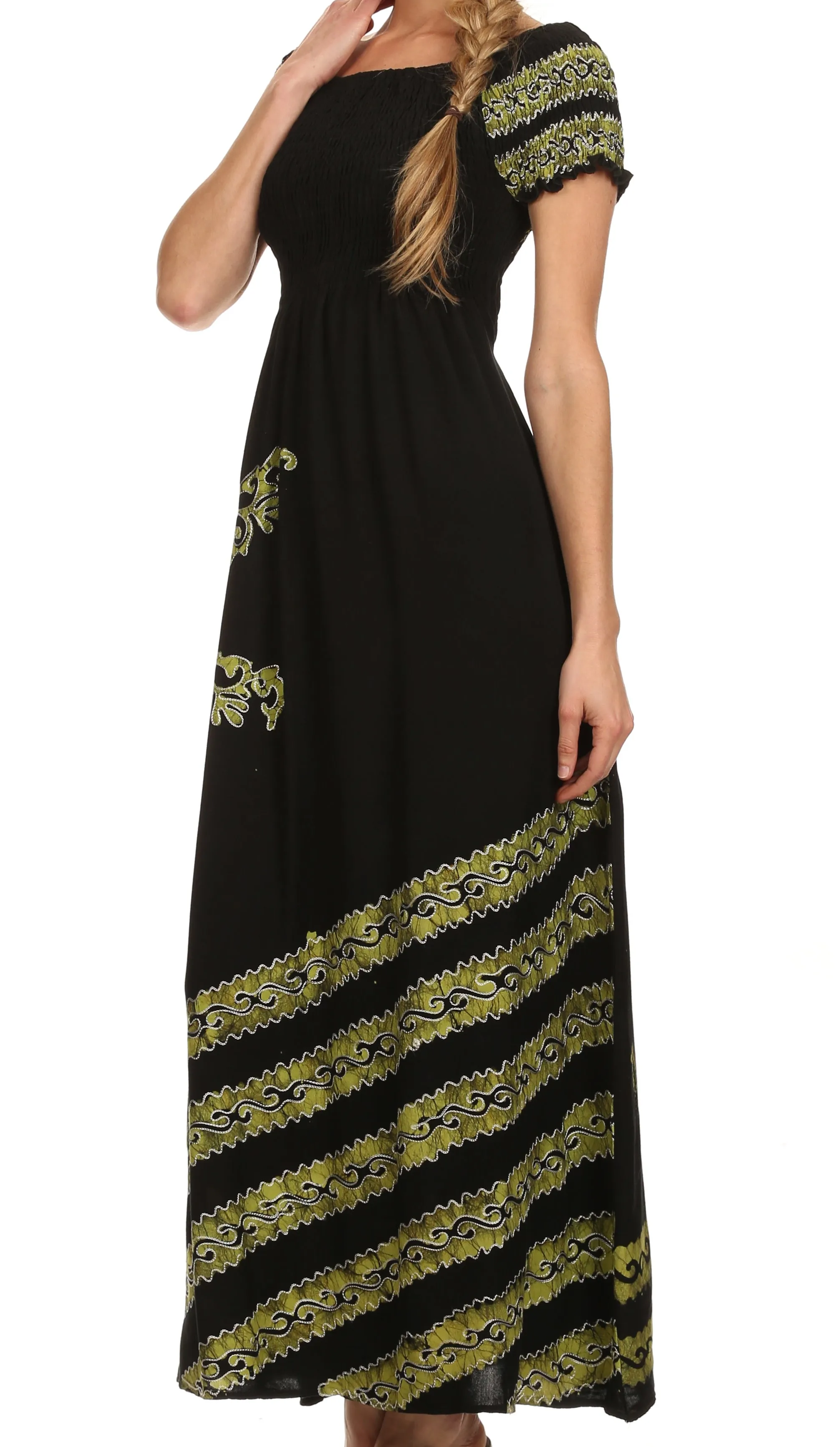 Sakkas Embroidered Batik Smocked Bodice Long Maxi Dress