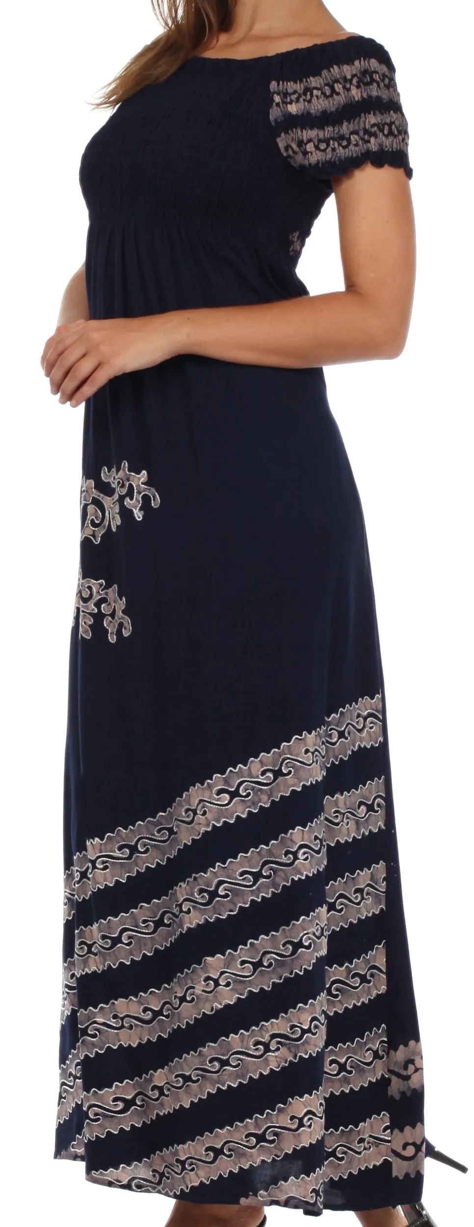 Sakkas Embroidered Batik Smocked Bodice Long Maxi Dress