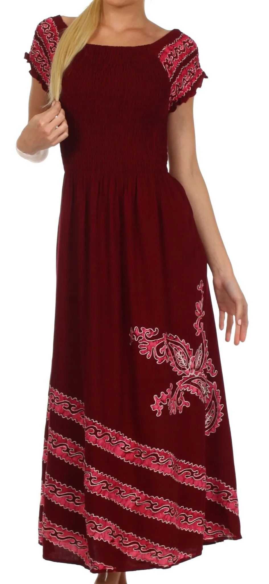 Sakkas Embroidered Batik Smocked Bodice Long Maxi Dress