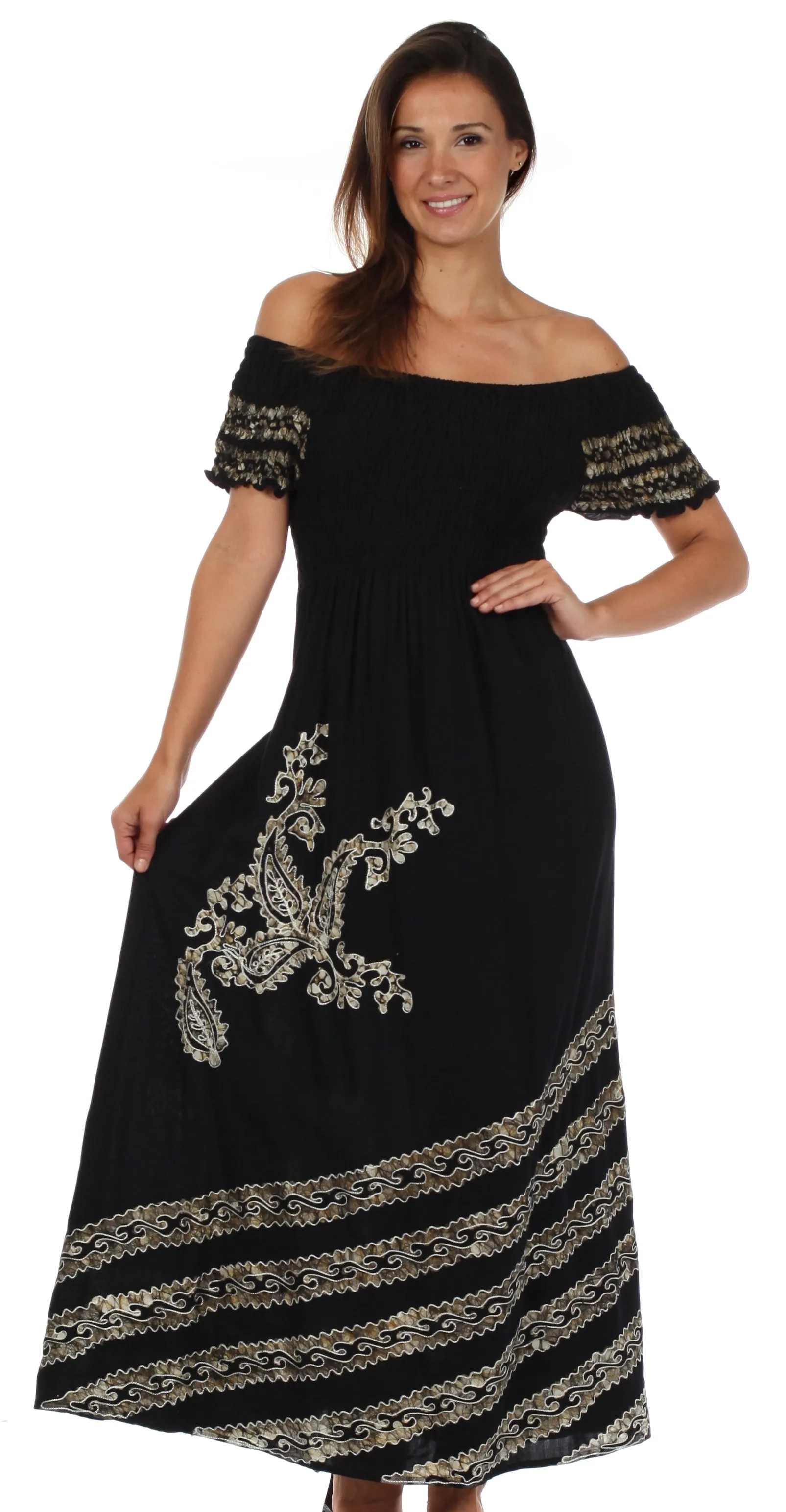 Sakkas Embroidered Batik Smocked Bodice Long Maxi Dress