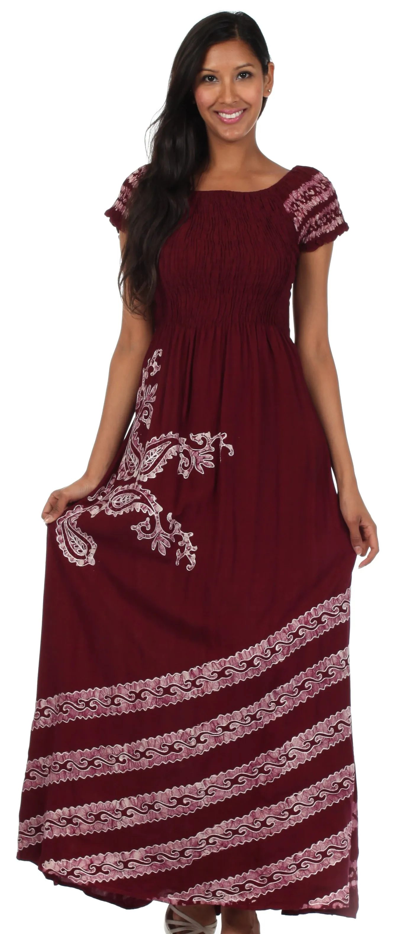 Sakkas Embroidered Batik Smocked Bodice Long Maxi Dress