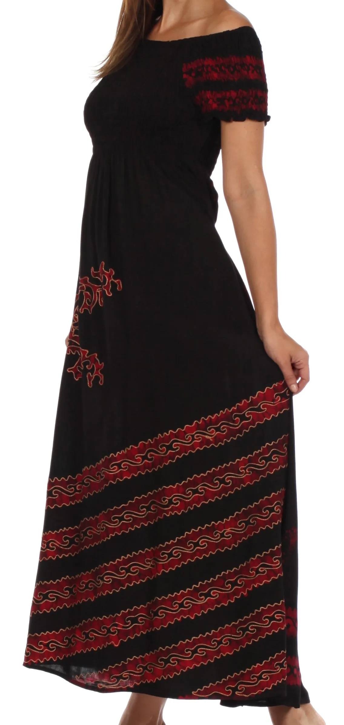 Sakkas Embroidered Batik Smocked Bodice Long Maxi Dress