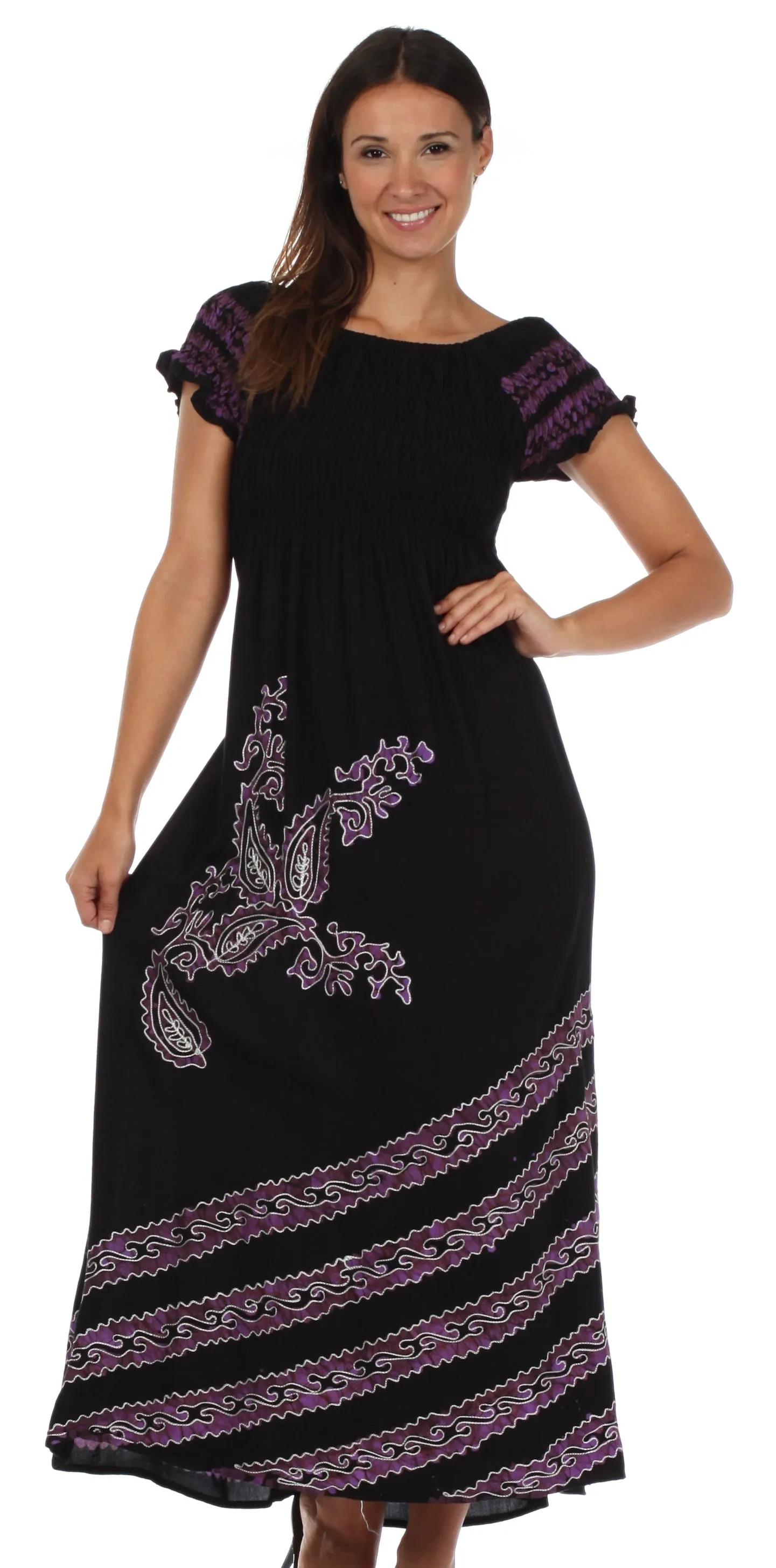 Sakkas Embroidered Batik Smocked Bodice Long Maxi Dress