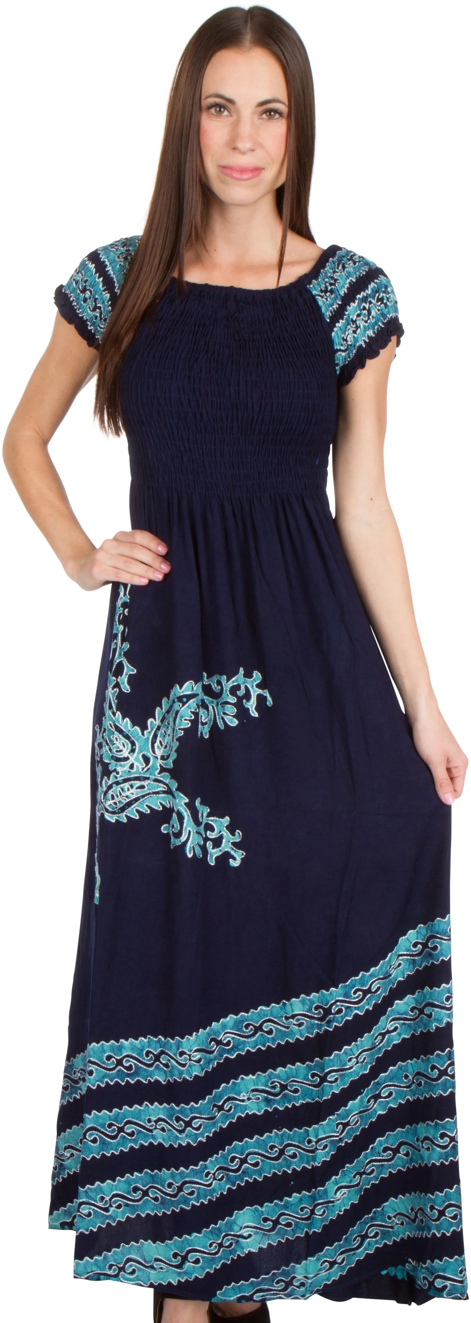 Sakkas Embroidered Batik Smocked Bodice Long Maxi Dress