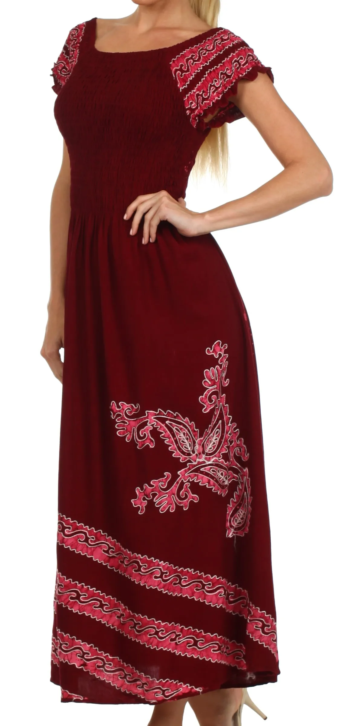 Sakkas Embroidered Batik Smocked Bodice Long Maxi Dress