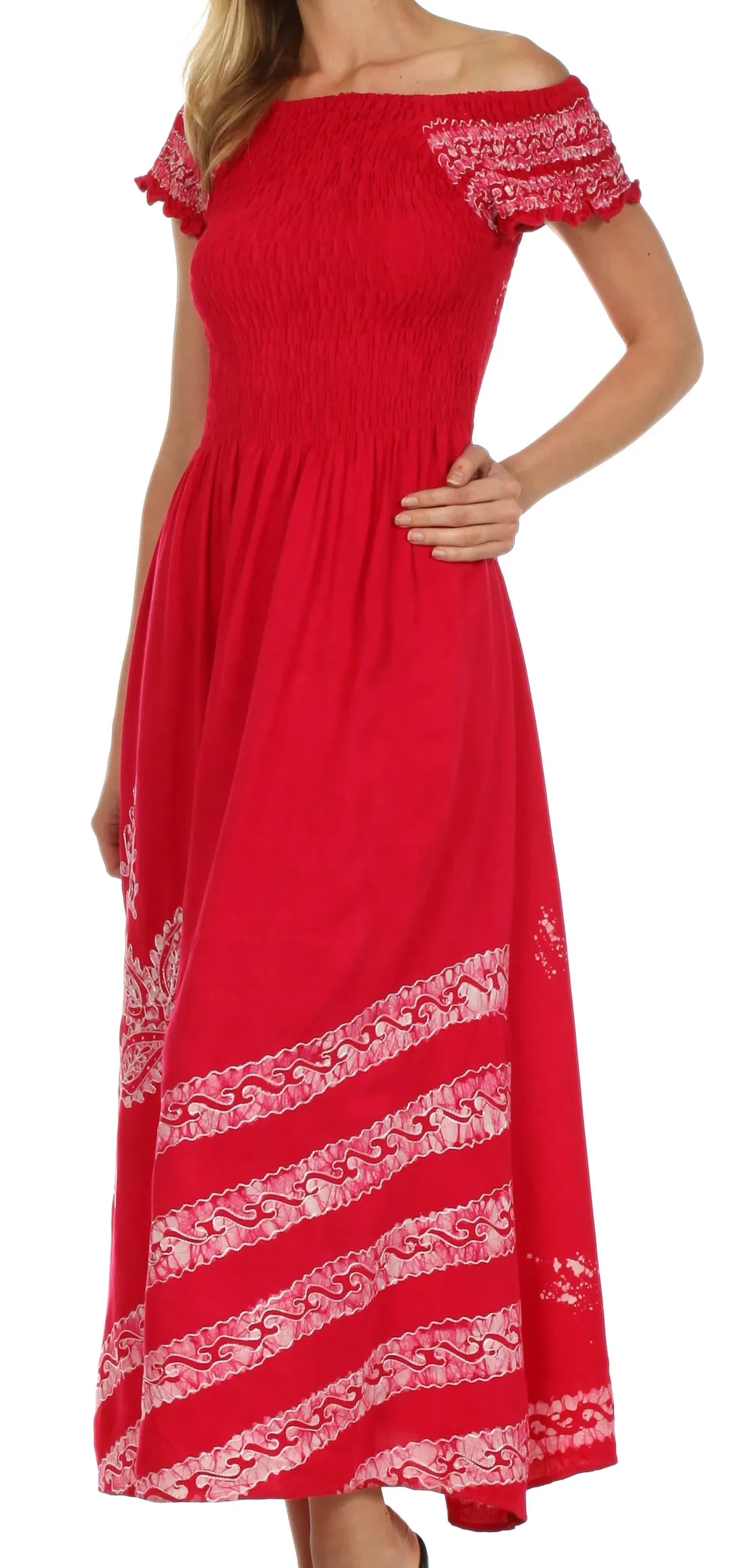 Sakkas Embroidered Batik Smocked Bodice Long Maxi Dress