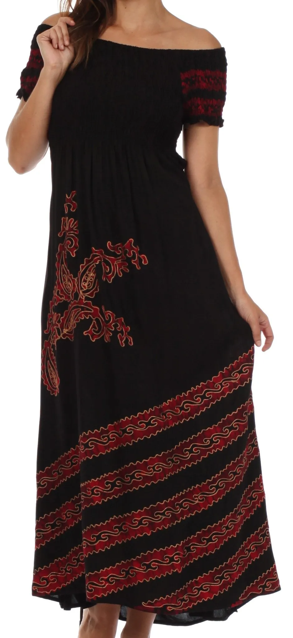 Sakkas Embroidered Batik Smocked Bodice Long Maxi Dress