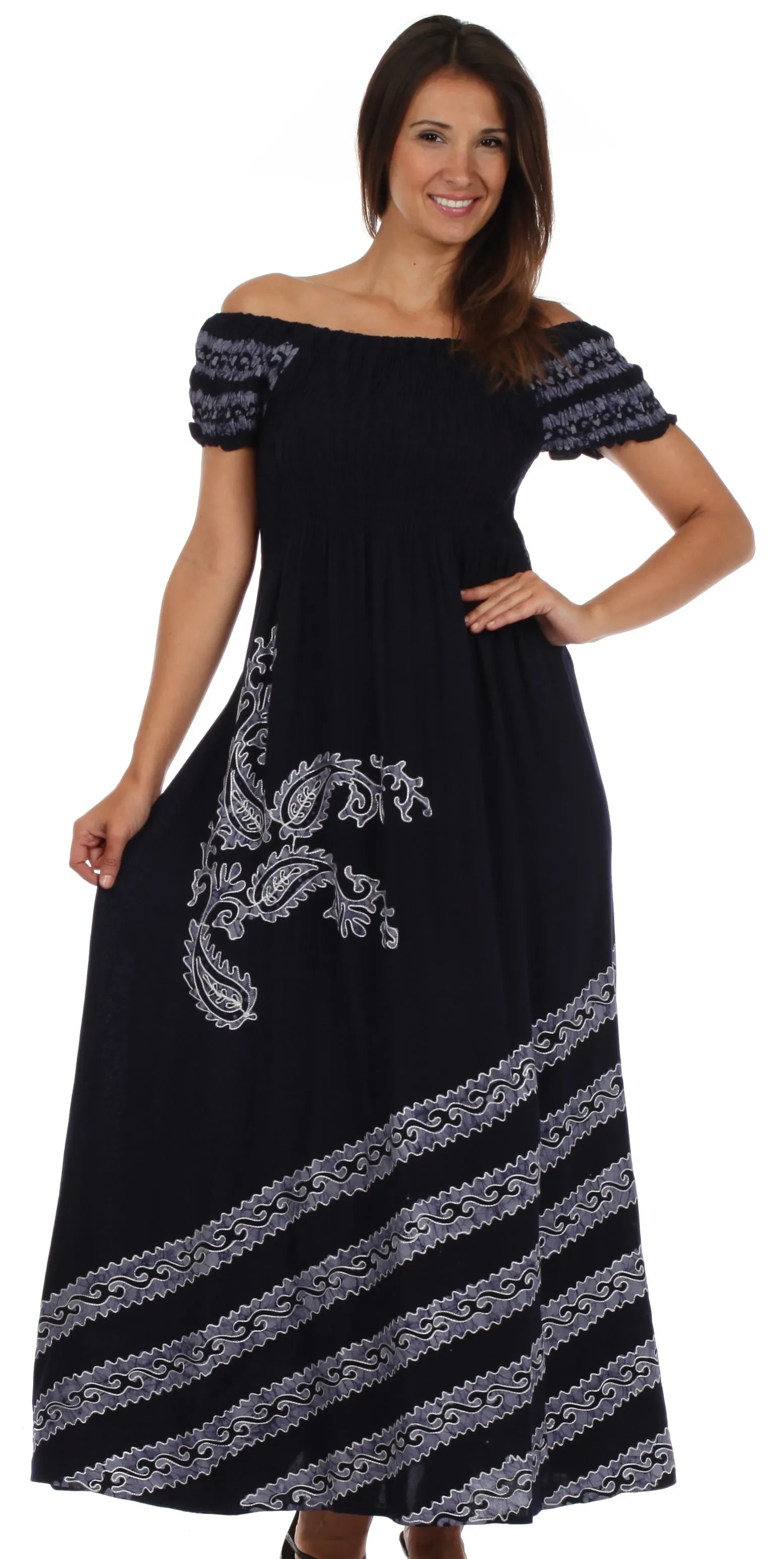 Sakkas Embroidered Batik Smocked Bodice Long Maxi Dress