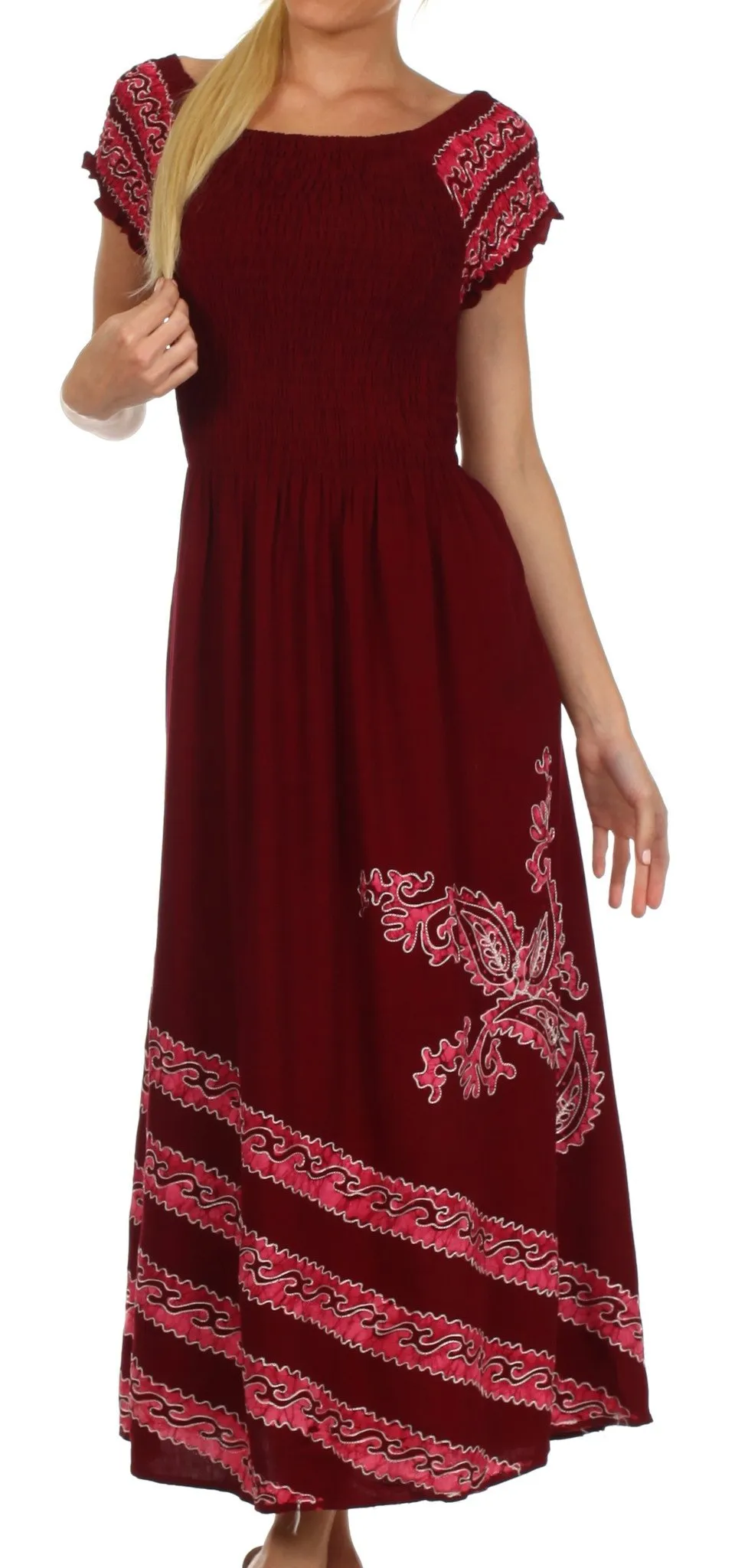 Sakkas Embroidered Batik Smocked Bodice Long Maxi Dress