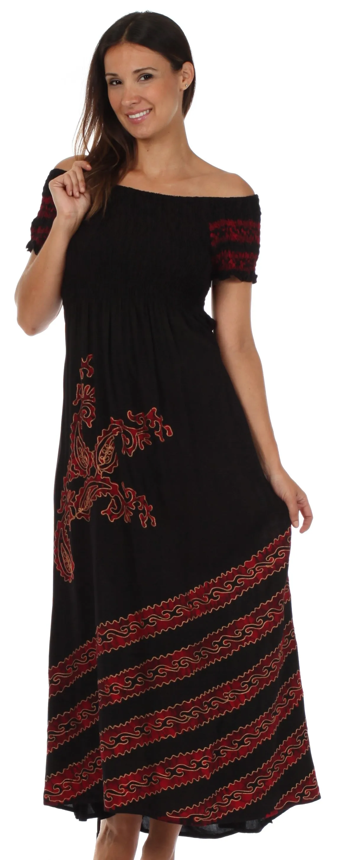 Sakkas Embroidered Batik Smocked Bodice Long Maxi Dress