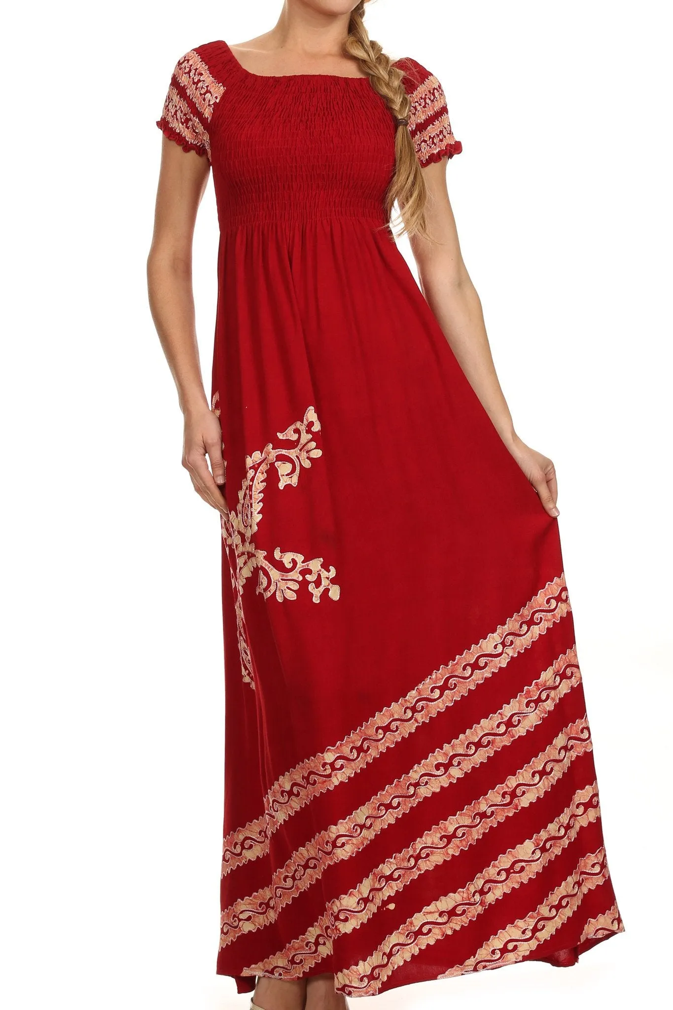 Sakkas Embroidered Batik Smocked Bodice Long Maxi Dress