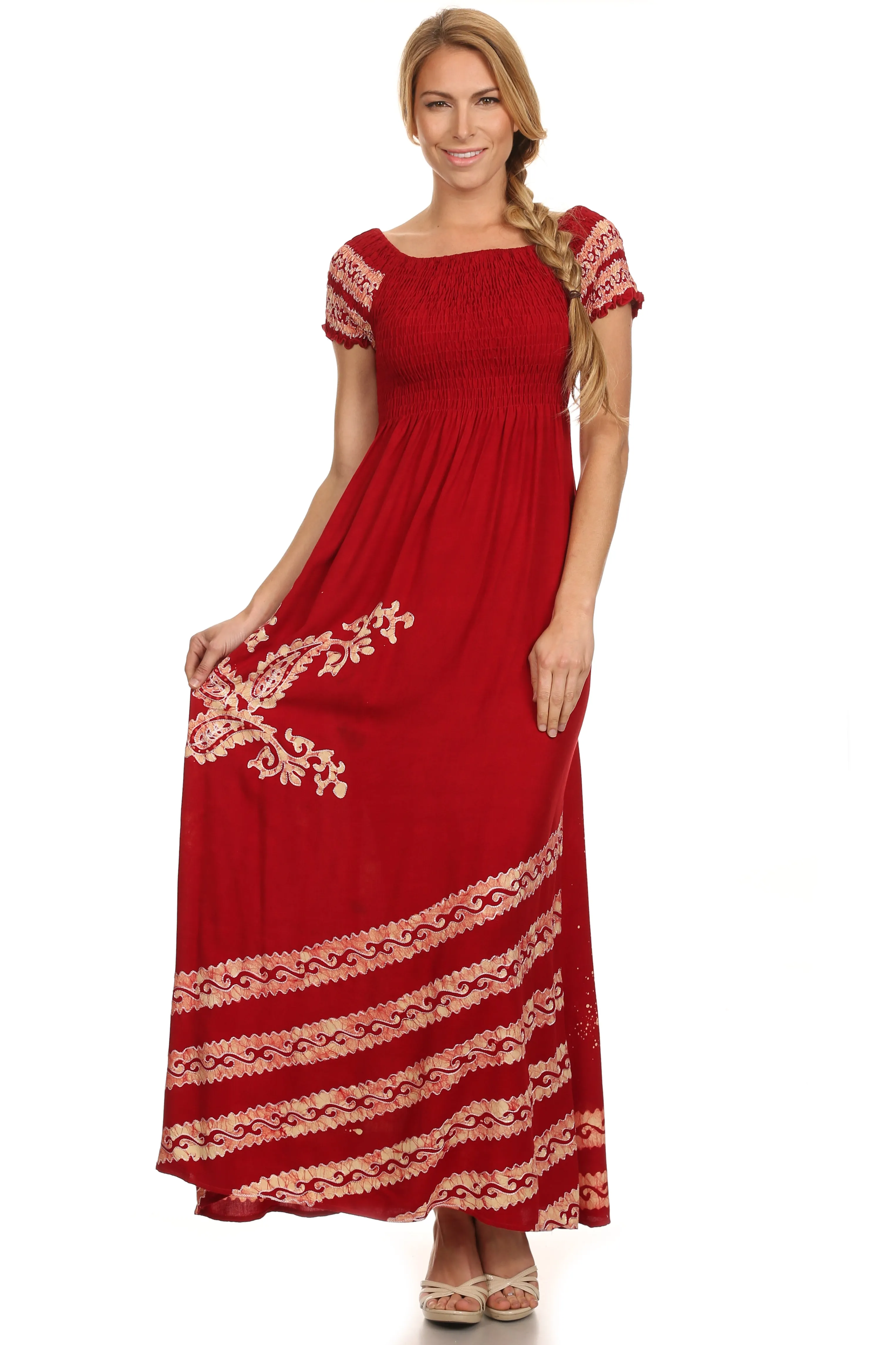 Sakkas Embroidered Batik Smocked Bodice Long Maxi Dress