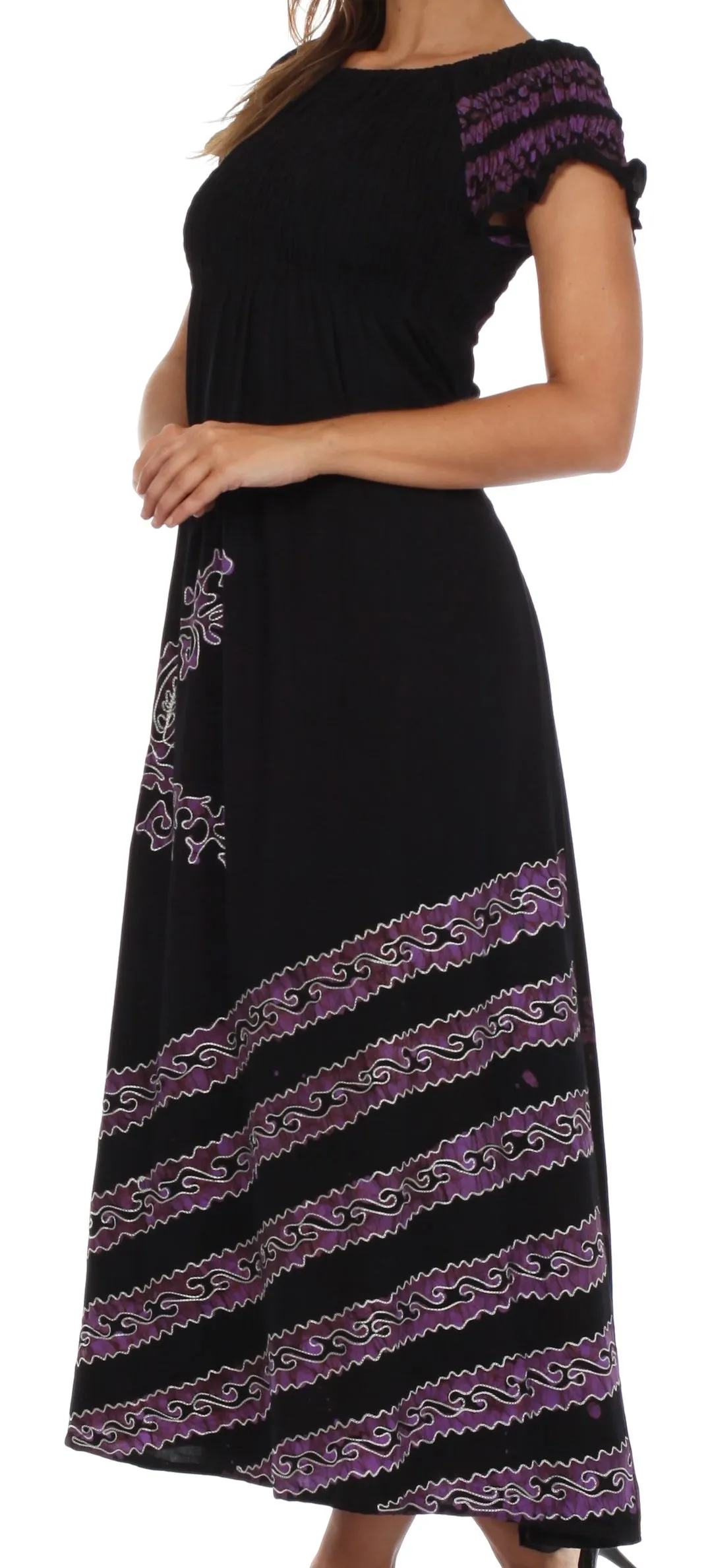 Sakkas Embroidered Batik Smocked Bodice Long Maxi Dress