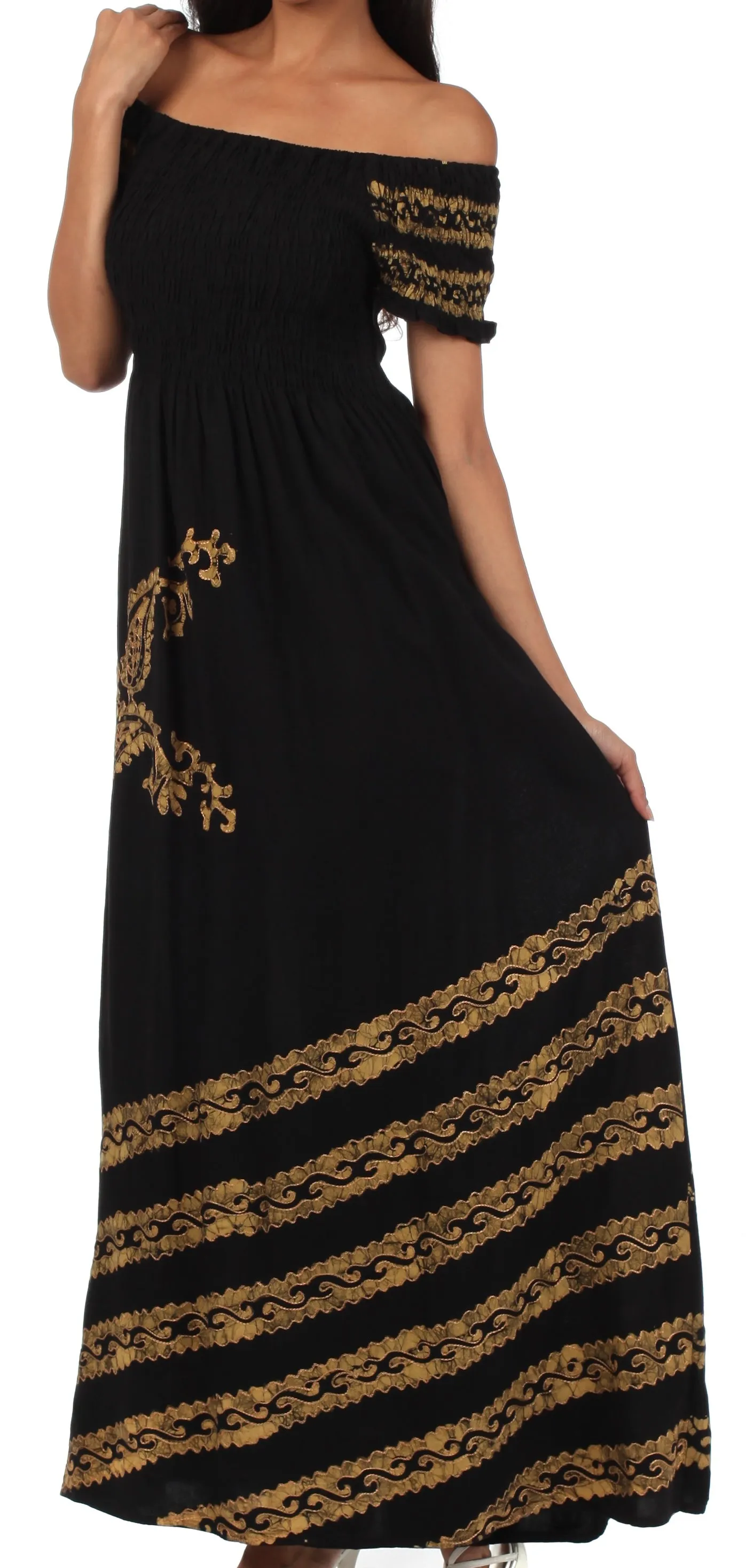 Sakkas Embroidered Batik Smocked Bodice Long Maxi Dress