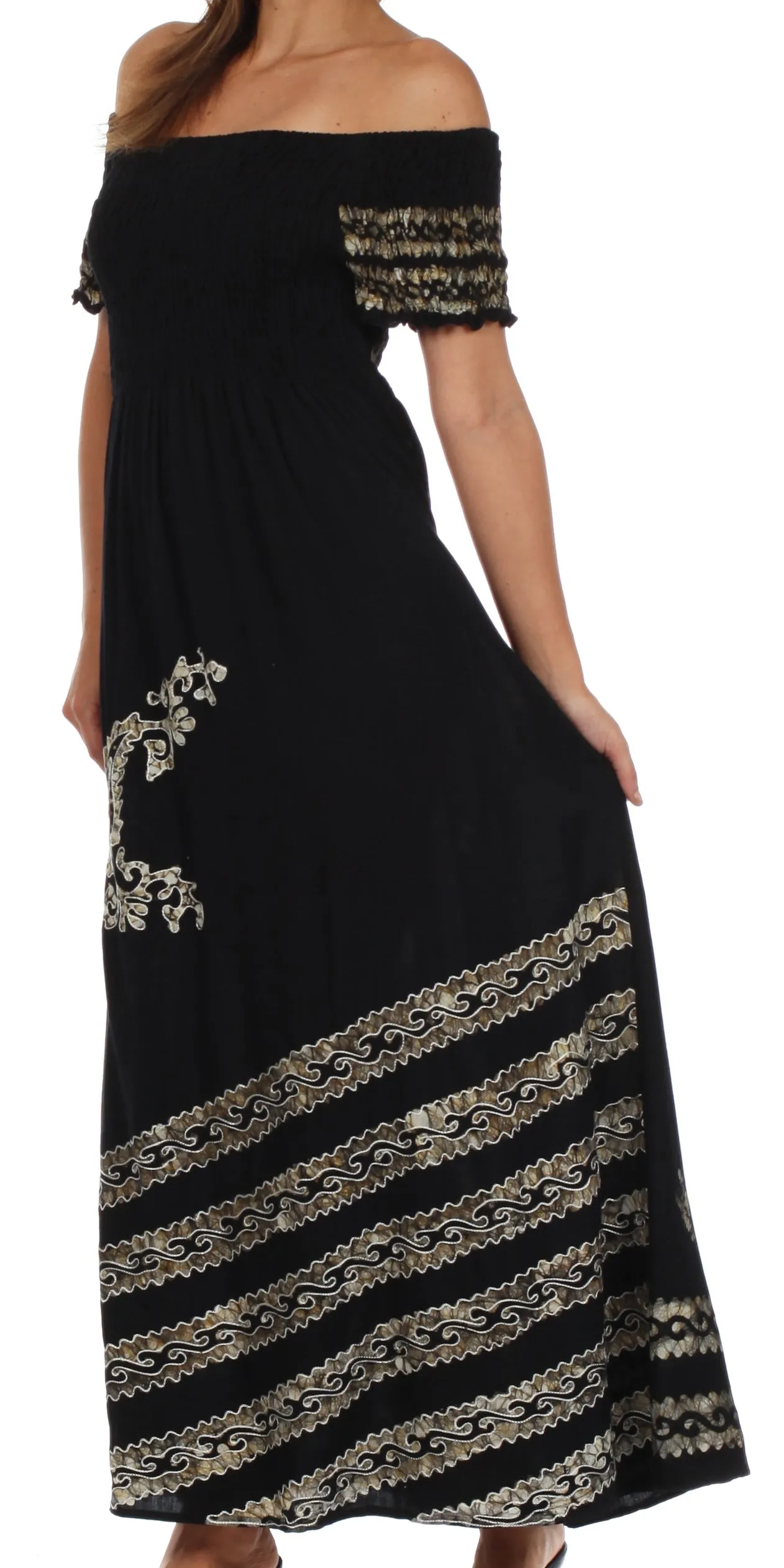 Sakkas Embroidered Batik Smocked Bodice Long Maxi Dress