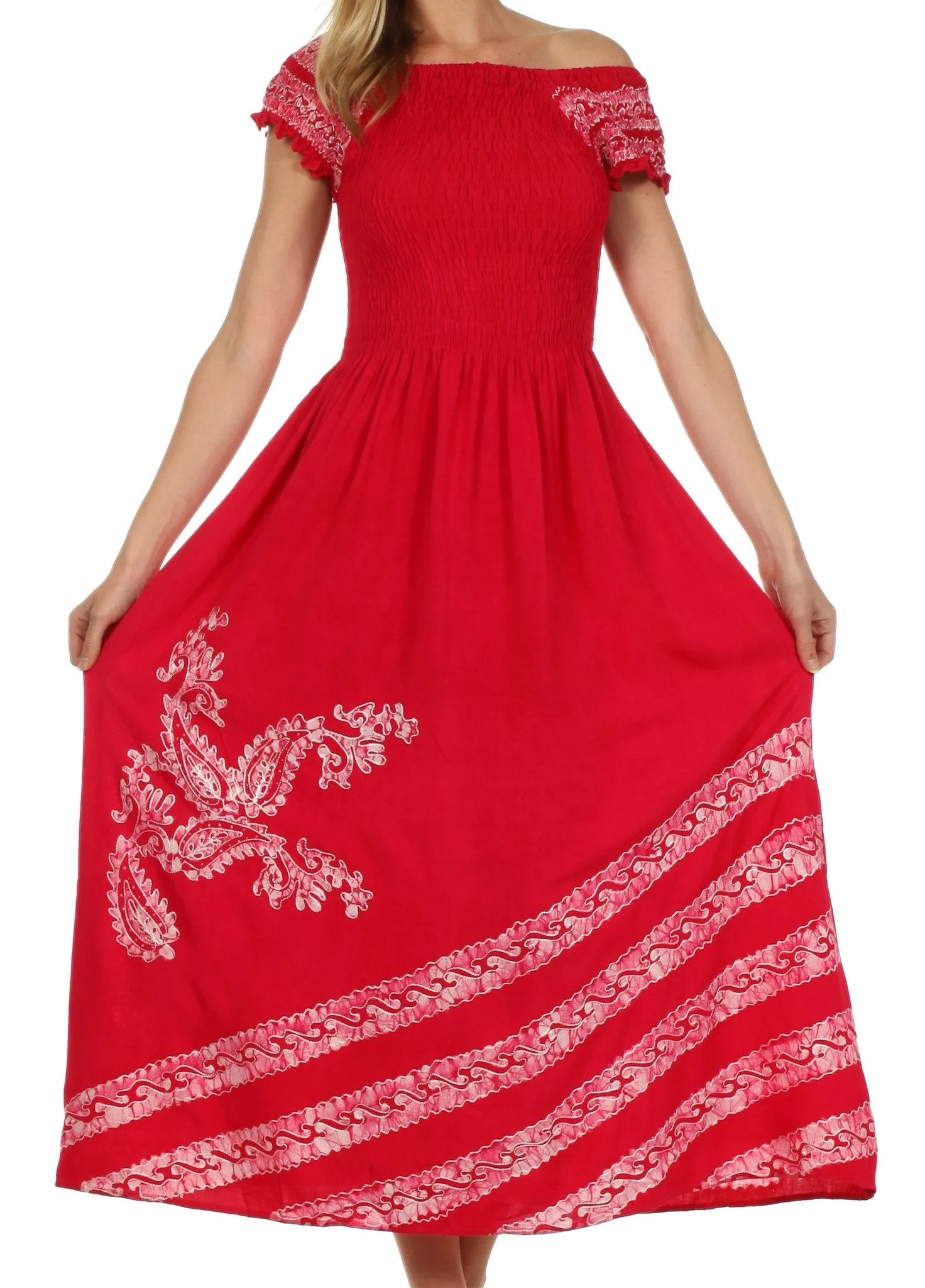 Sakkas Embroidered Batik Smocked Bodice Long Maxi Dress