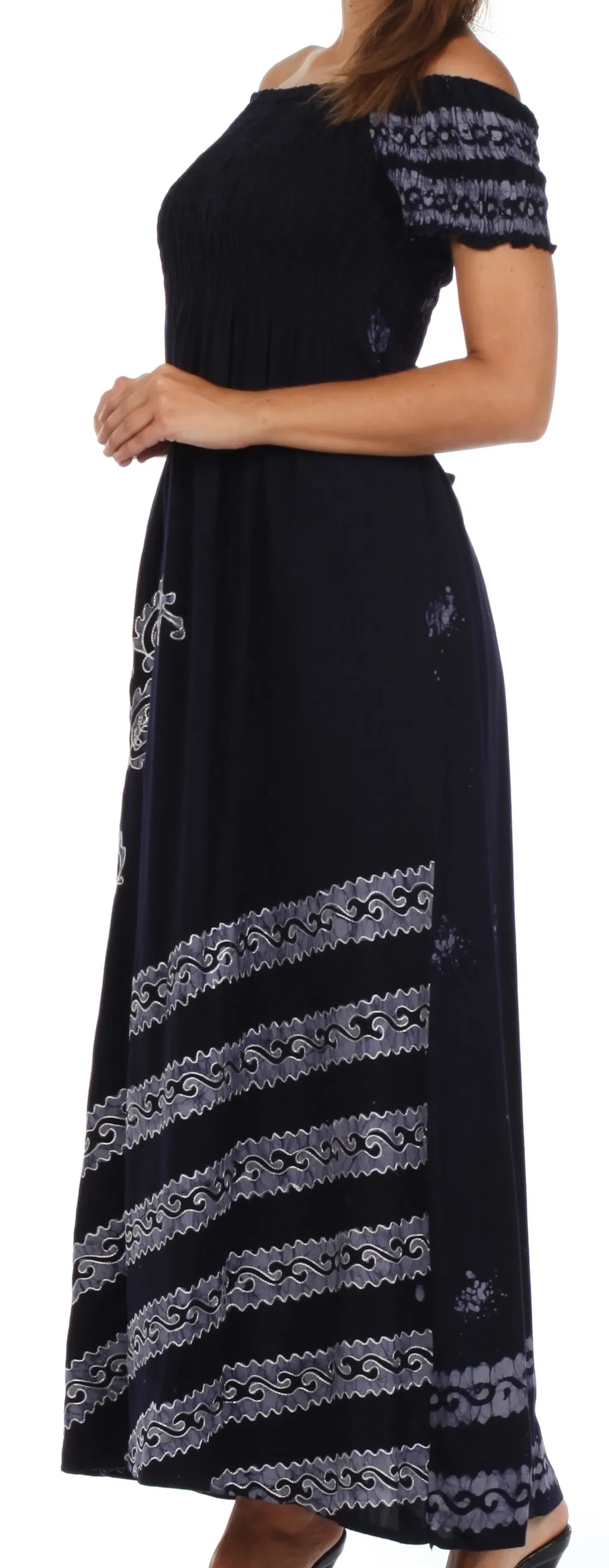 Sakkas Embroidered Batik Smocked Bodice Long Maxi Dress