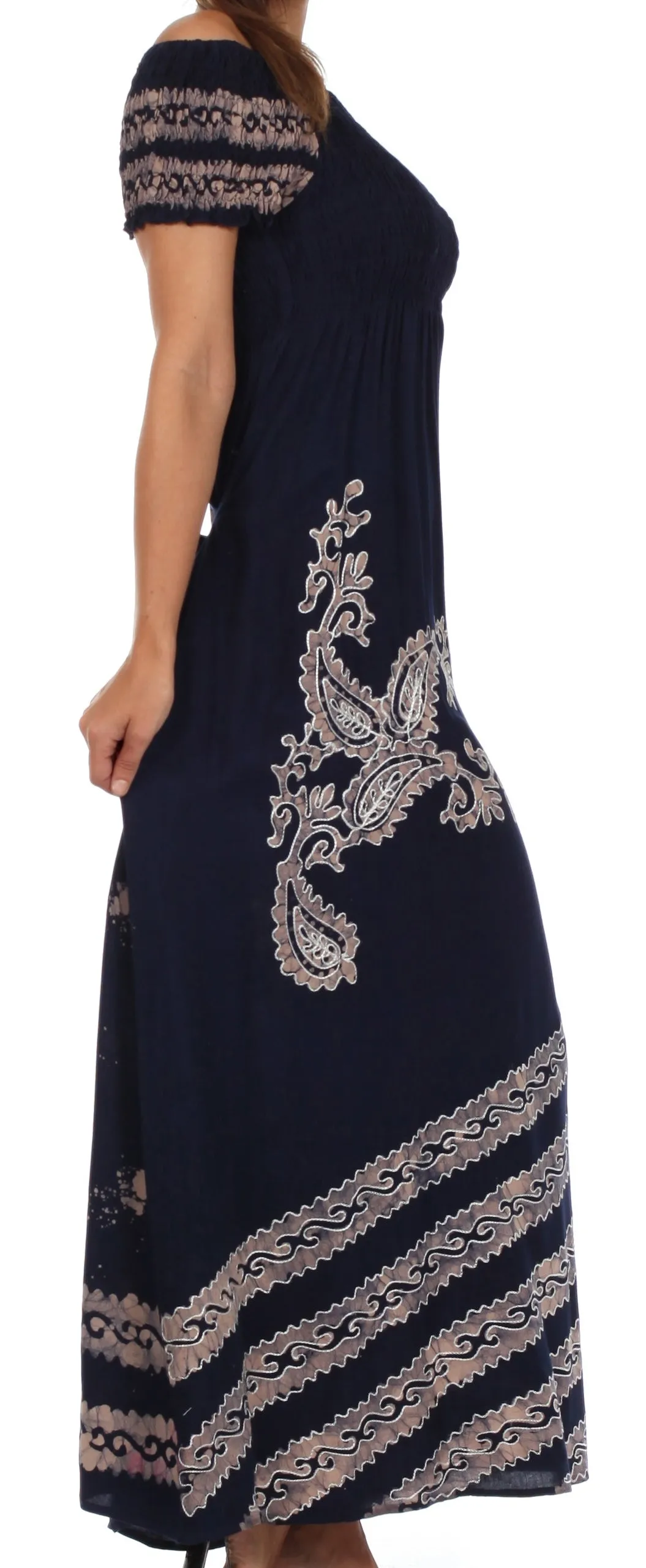 Sakkas Embroidered Batik Smocked Bodice Long Maxi Dress