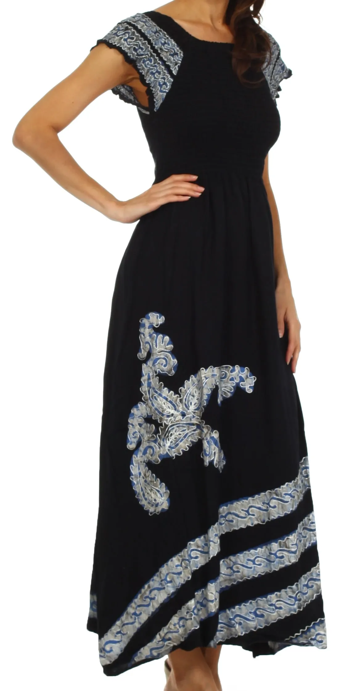 Sakkas Embroidered Batik Smocked Bodice Long Maxi Dress