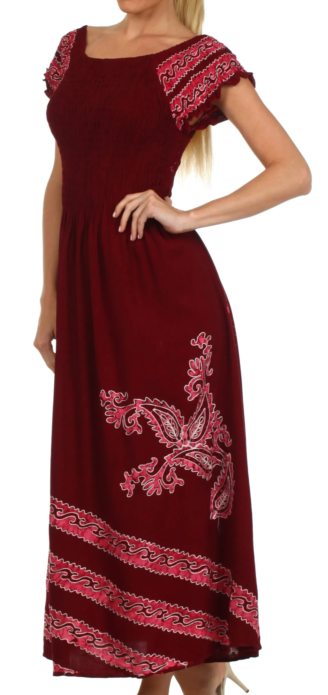 Sakkas Embroidered Batik Smocked Bodice Long Maxi Dress