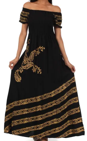 Sakkas Embroidered Batik Smocked Bodice Long Maxi Dress