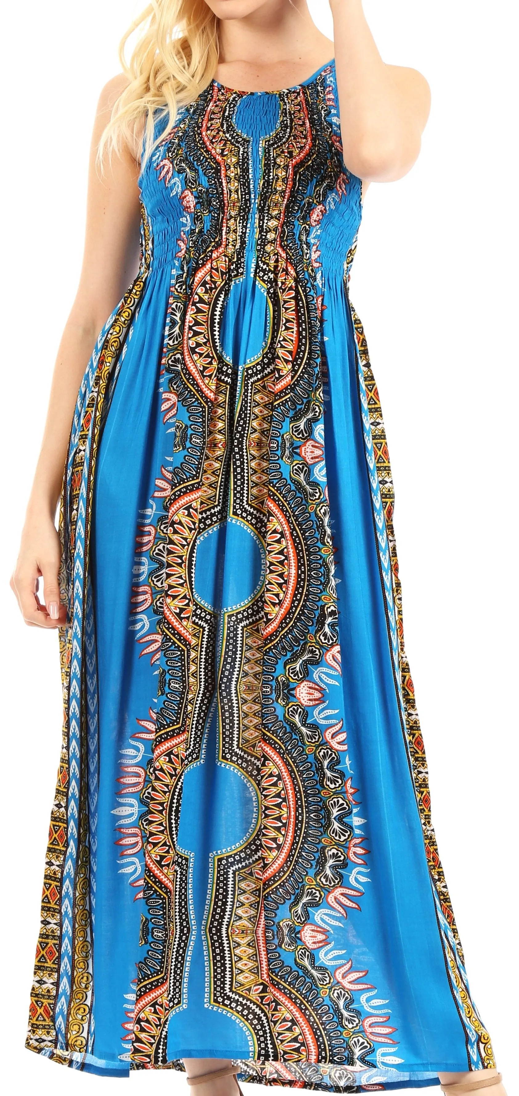 Sakkas Linza Women's Sleeveless Casual Maxi Dashiki African Print Dress Long Nice