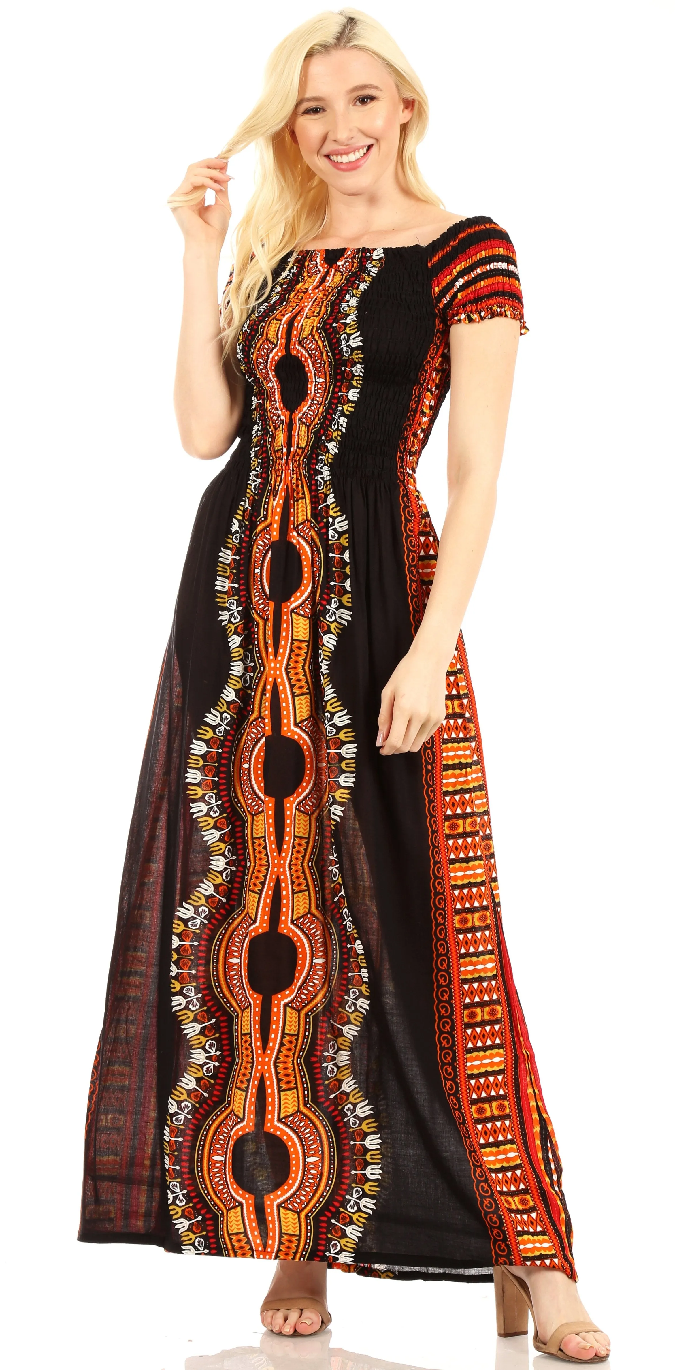 Sakkas Siona Women's Long Maxi Casual Off Shoulder Dashiki African Dress Elastic