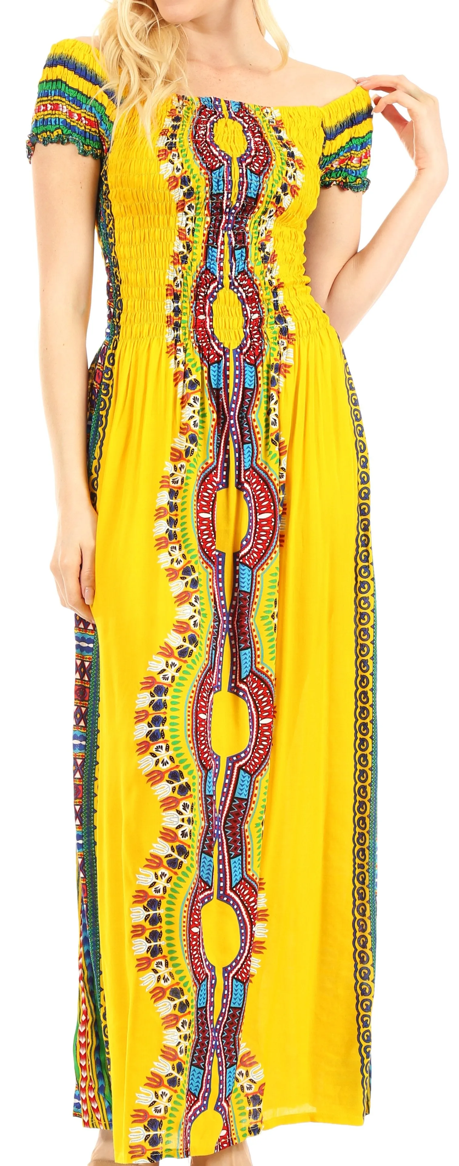 Sakkas Siona Women's Long Maxi Casual Off Shoulder Dashiki African Dress Elastic