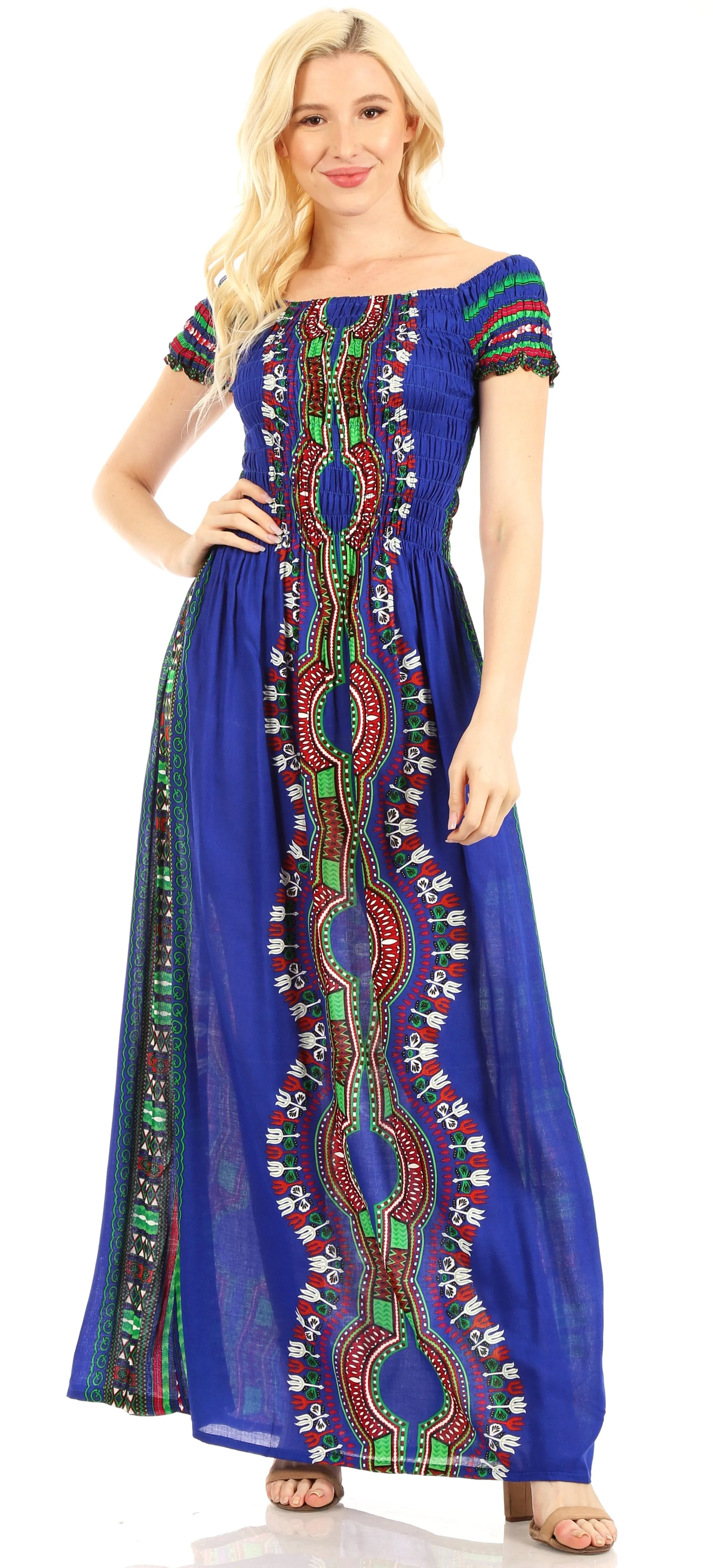 Sakkas Siona Women's Long Maxi Casual Off Shoulder Dashiki African Dress Elastic