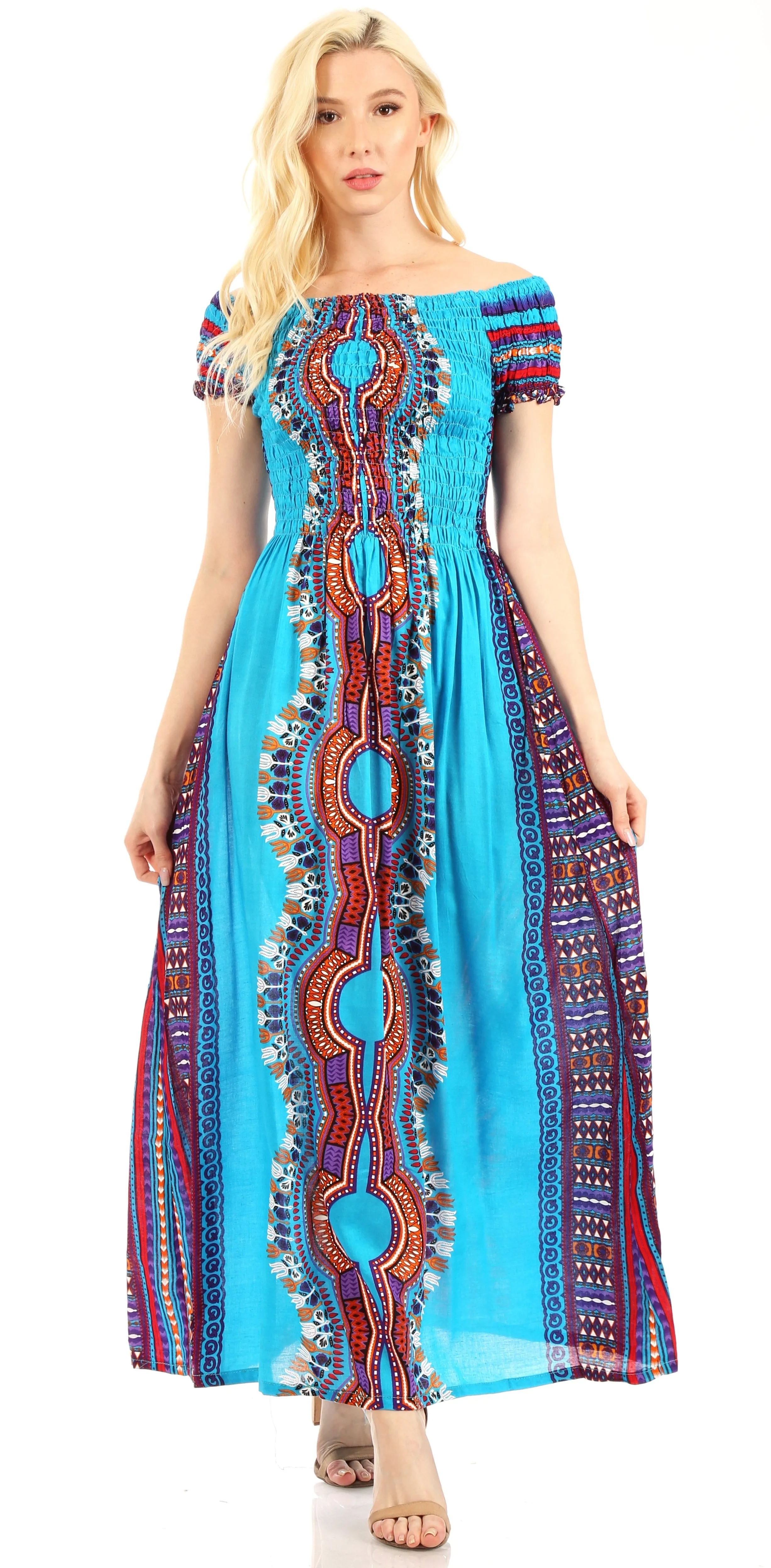 Sakkas Siona Women's Long Maxi Casual Off Shoulder Dashiki African Dress Elastic