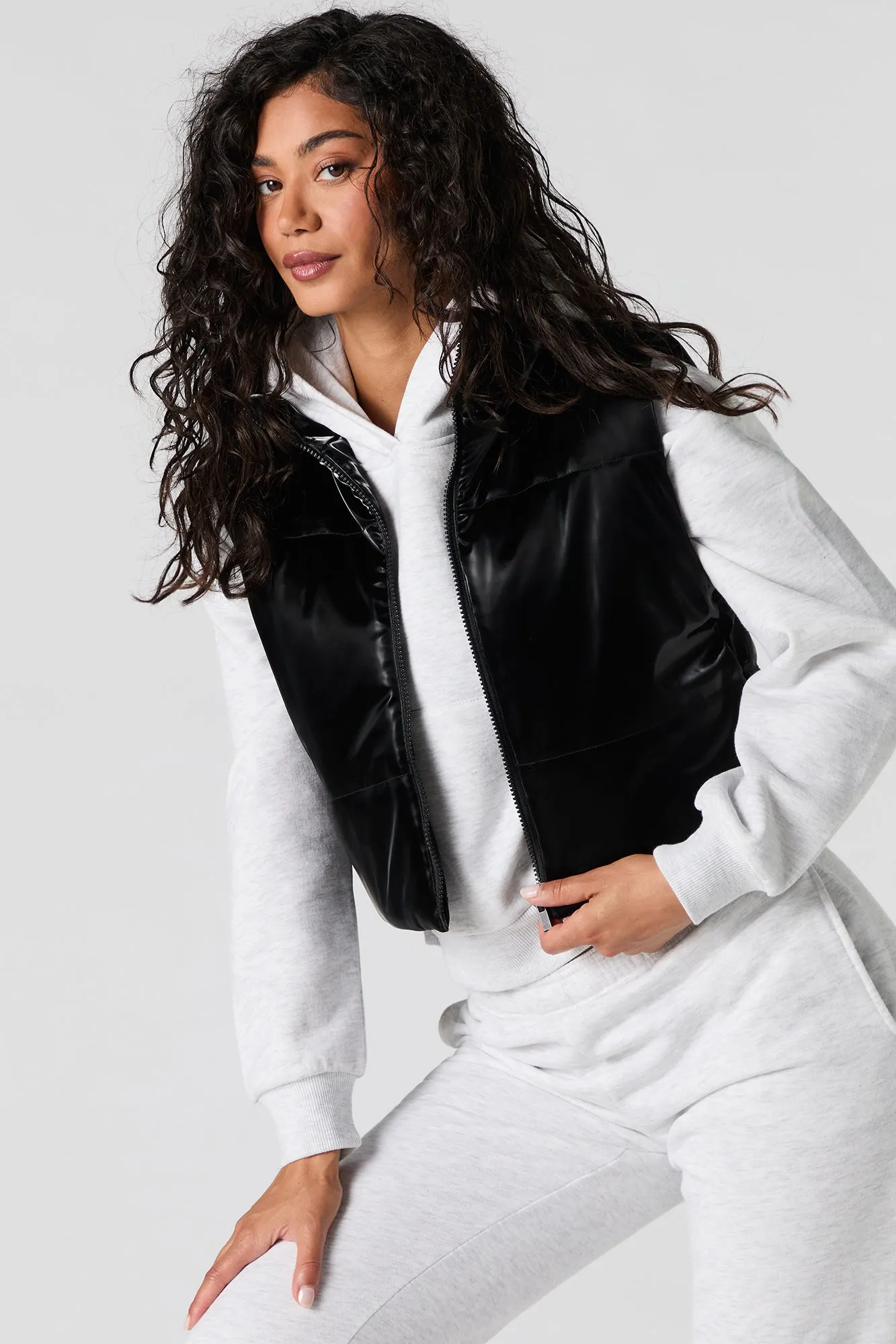 Shiny Faux Leather Puffer Vest