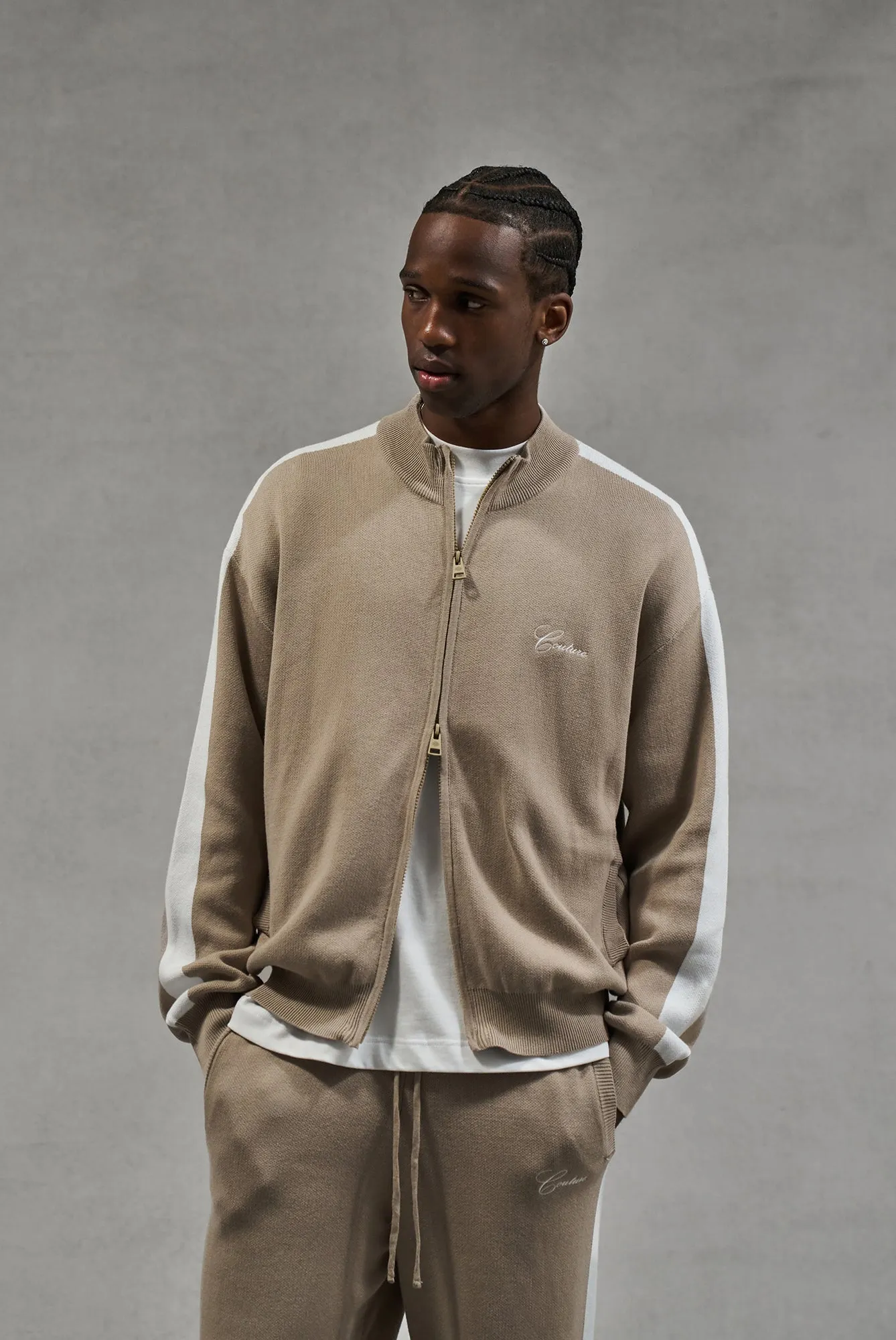 SIDE STRIPE KNITTED TRACK JACKET - BEIGE