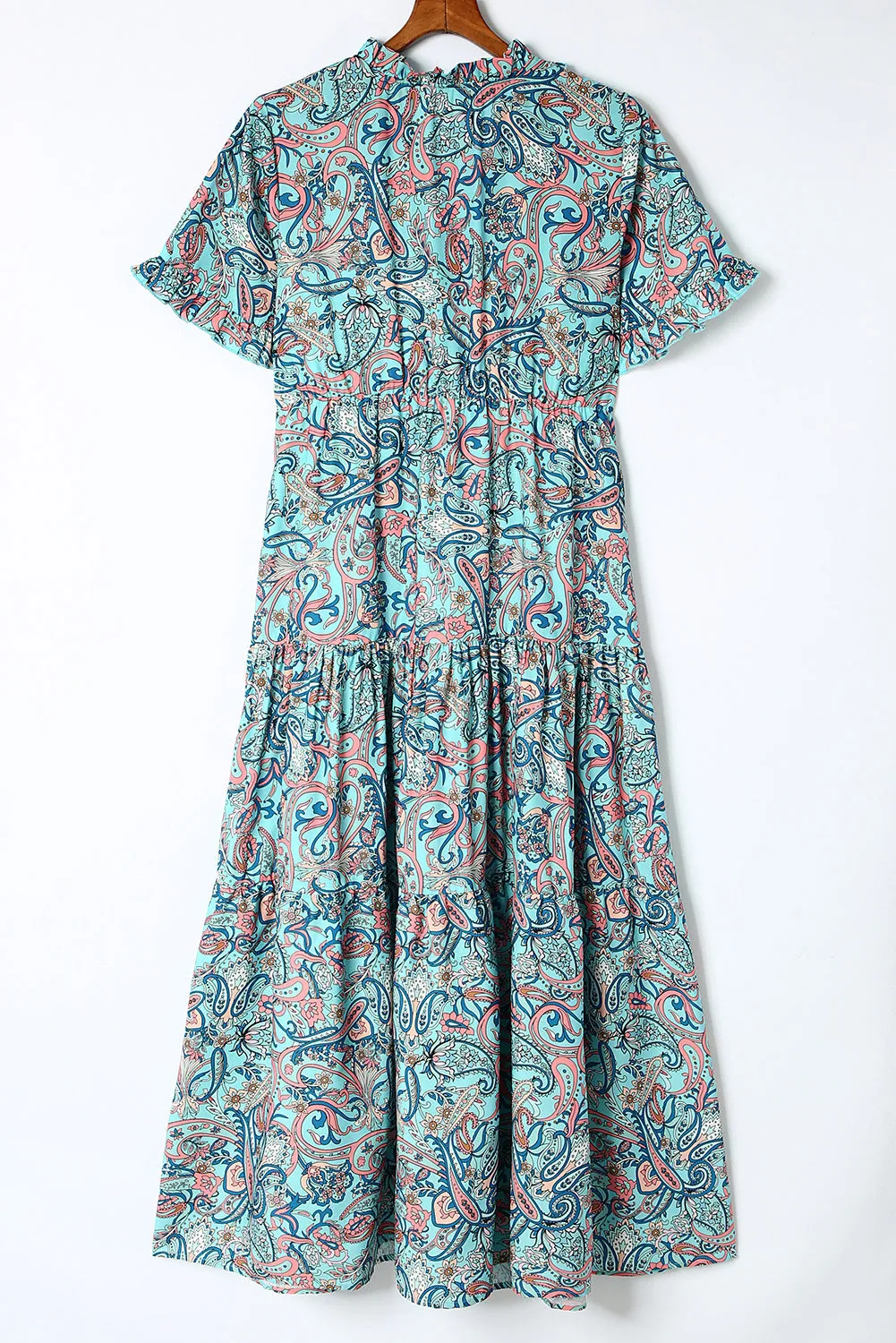 Sky Blue Paisley Print Split V Neck Tiered Boho Maxi Dress