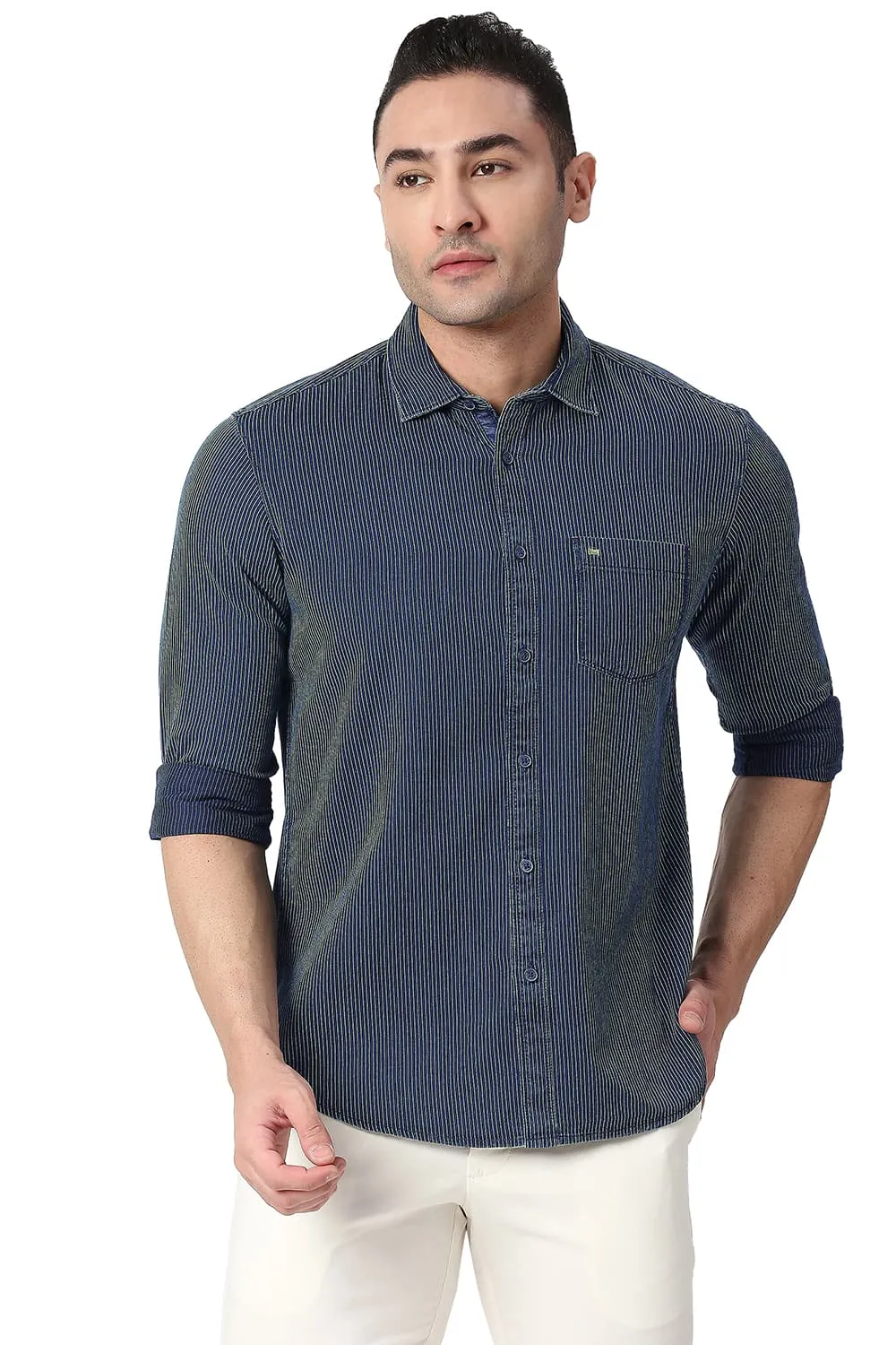 Slim Fit Cotton Indigo Stripe Shirt