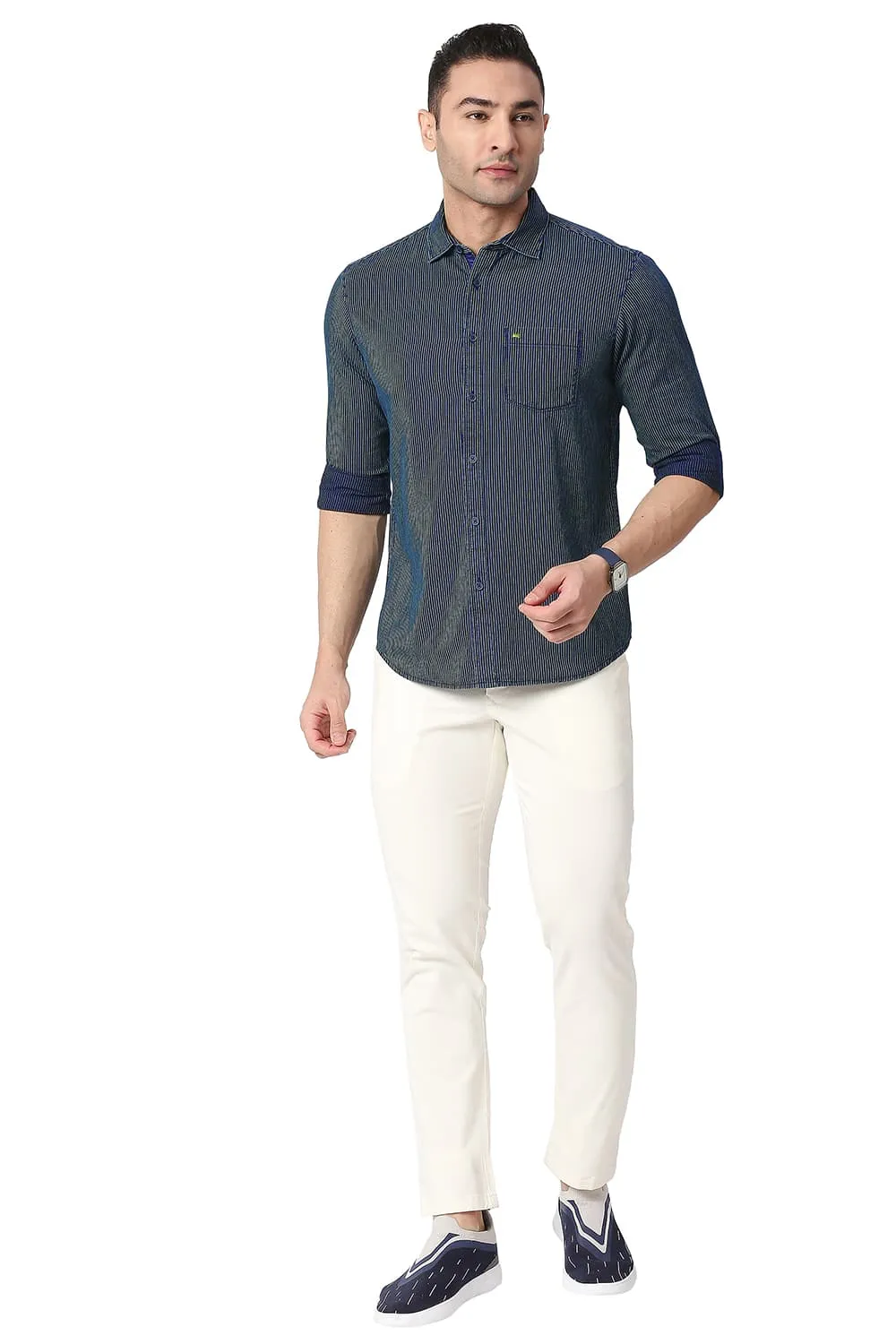 Slim Fit Cotton Indigo Stripe Shirt