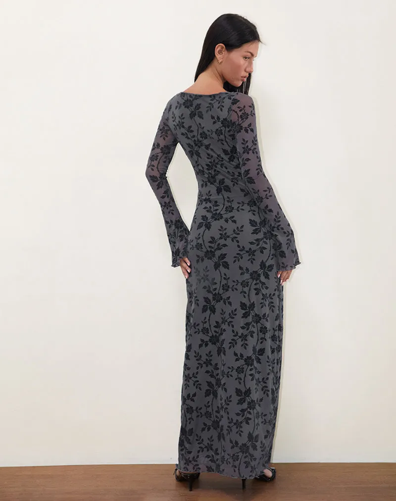 Slokya Long Sleeve Maxi Dress in Vine Floral Flock Ocean Storm