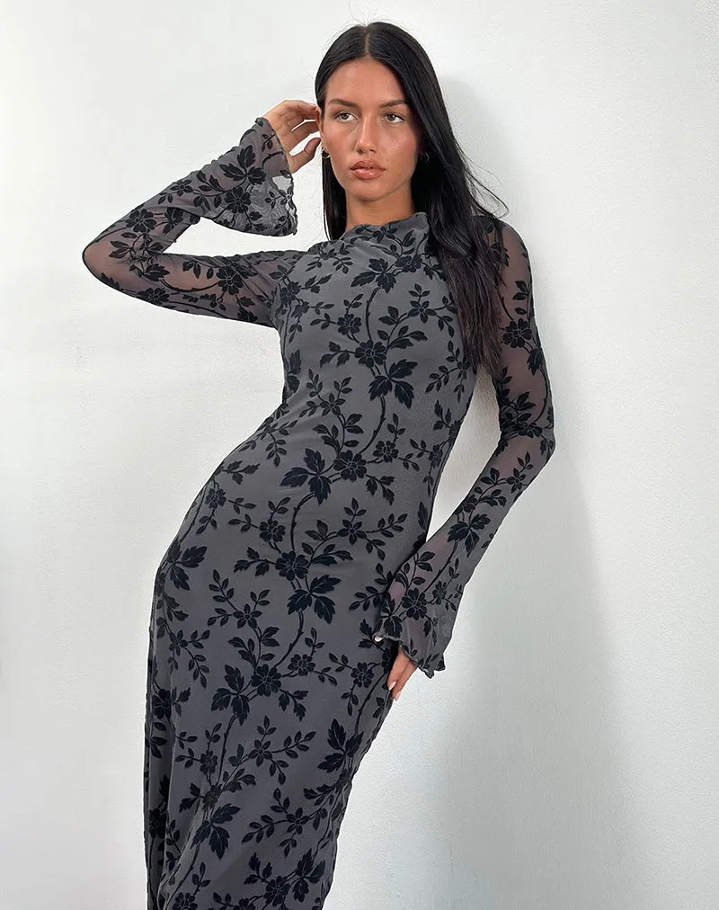 Slokya Long Sleeve Maxi Dress in Vine Floral Flock Ocean Storm