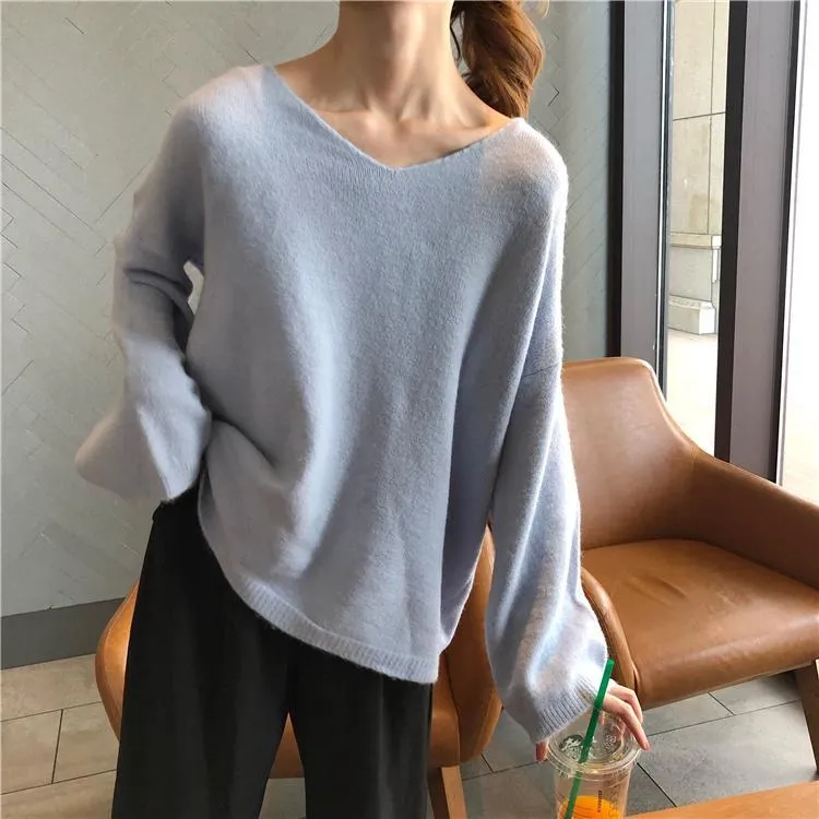 Soft Cozy Pastel Colors V-Neck Knitted Pullover